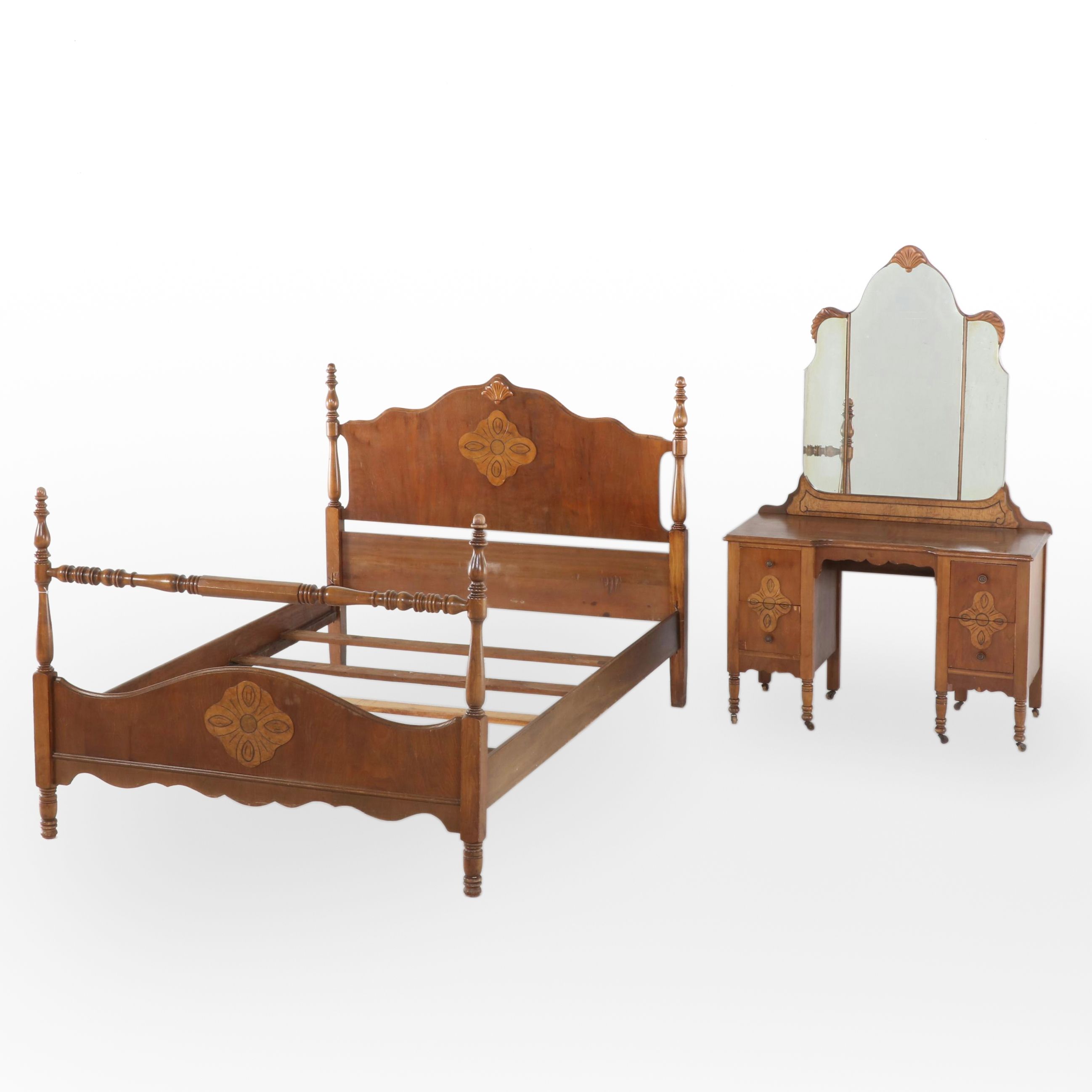 Webb Furniture Co. Renaissance Revival Walnut Vanity and Full Size Bed, c. 1930