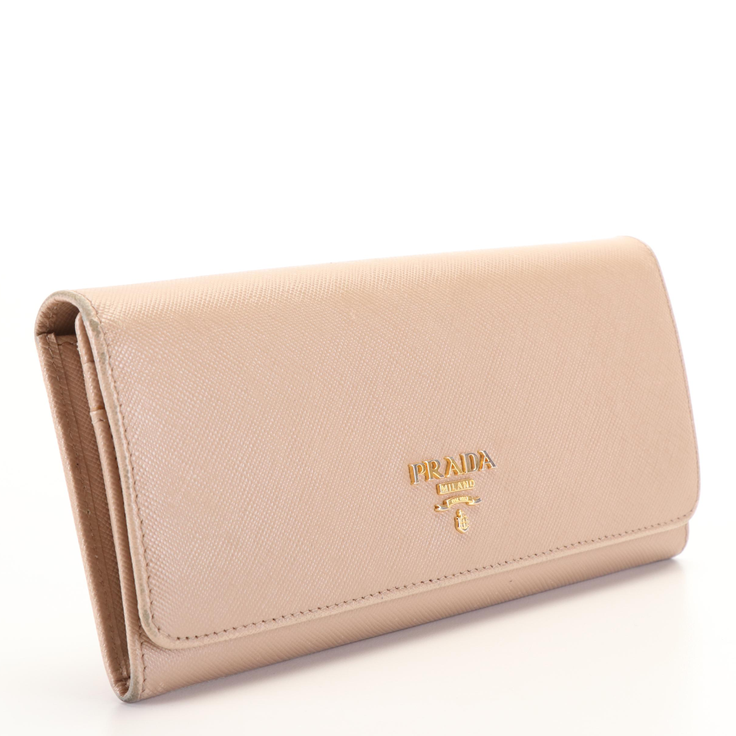 Prada Continental Flap Wallet in Beige Saffiano Leather