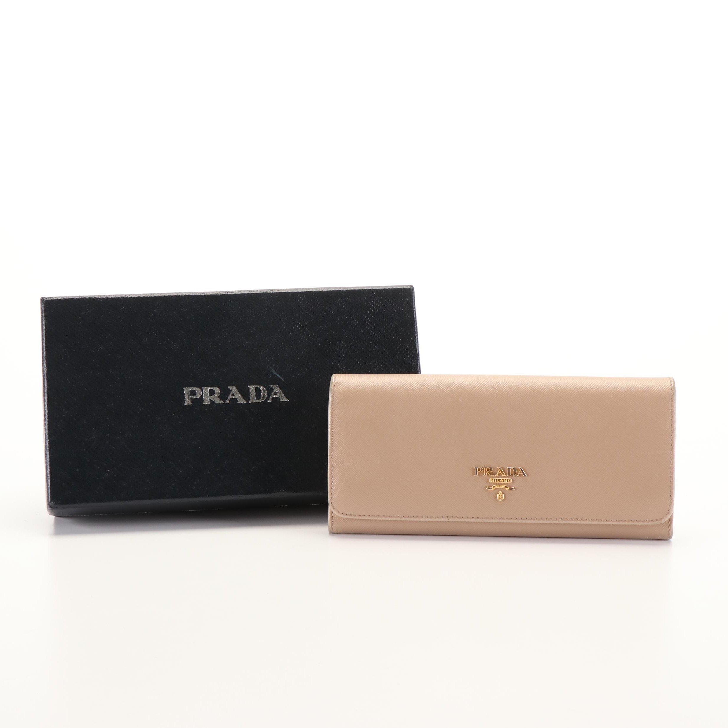 Prada Continental Flap Wallet in Beige Saffiano Leather