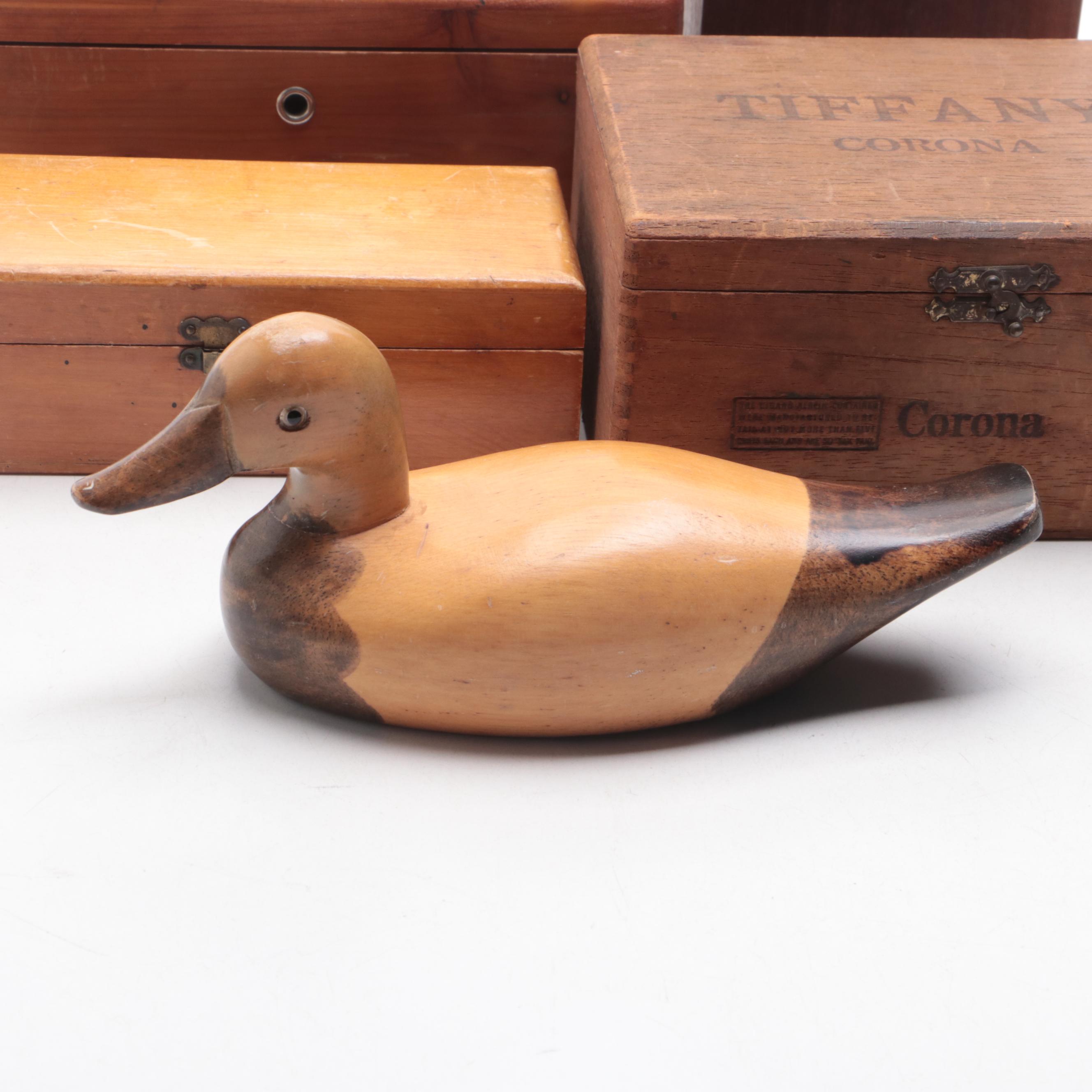 Cedar with Other Wooden Boxes and Duck Figurine