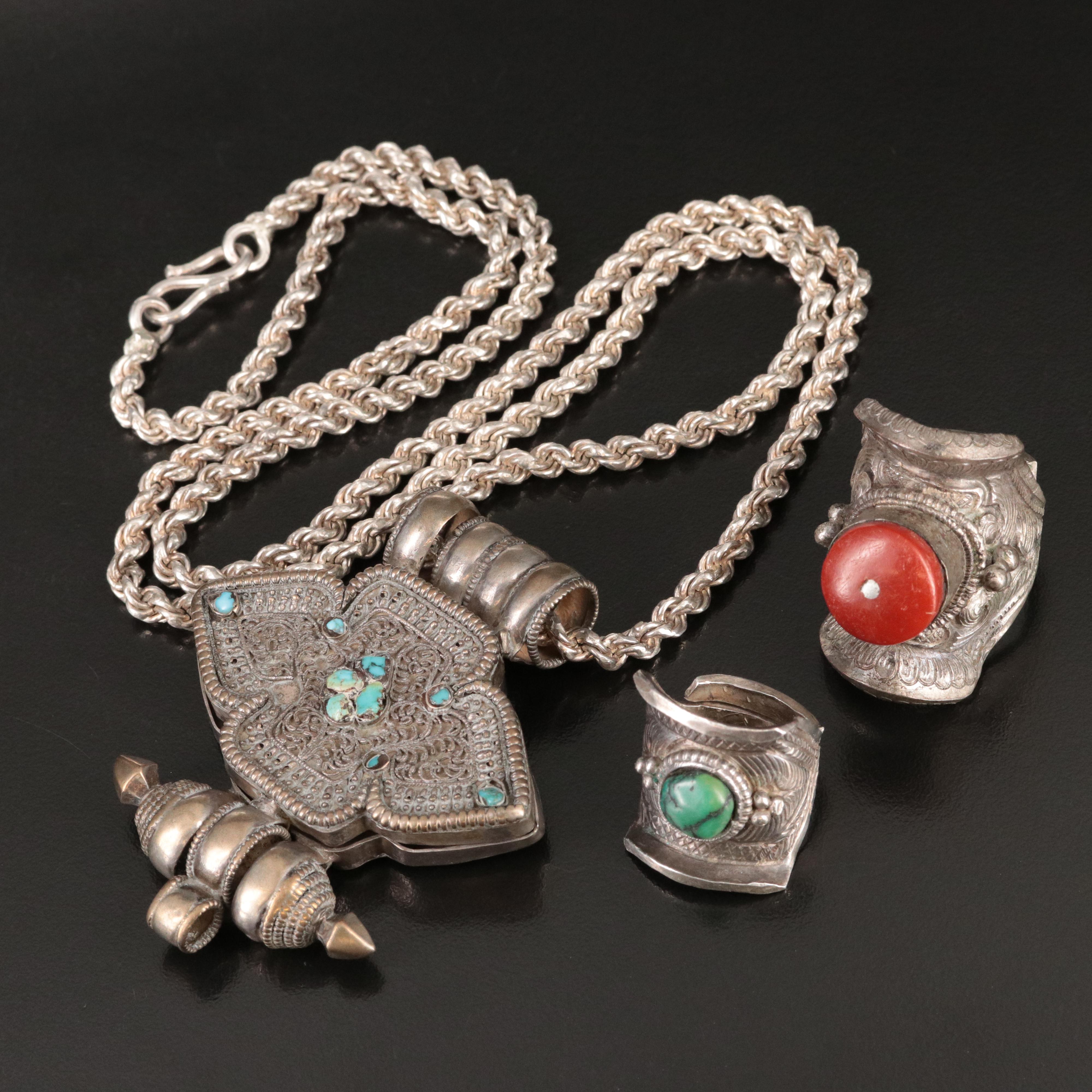 Tibetan Style Jewelry Including Sterling Turquoise & Faux Coral Ga'u Necklace