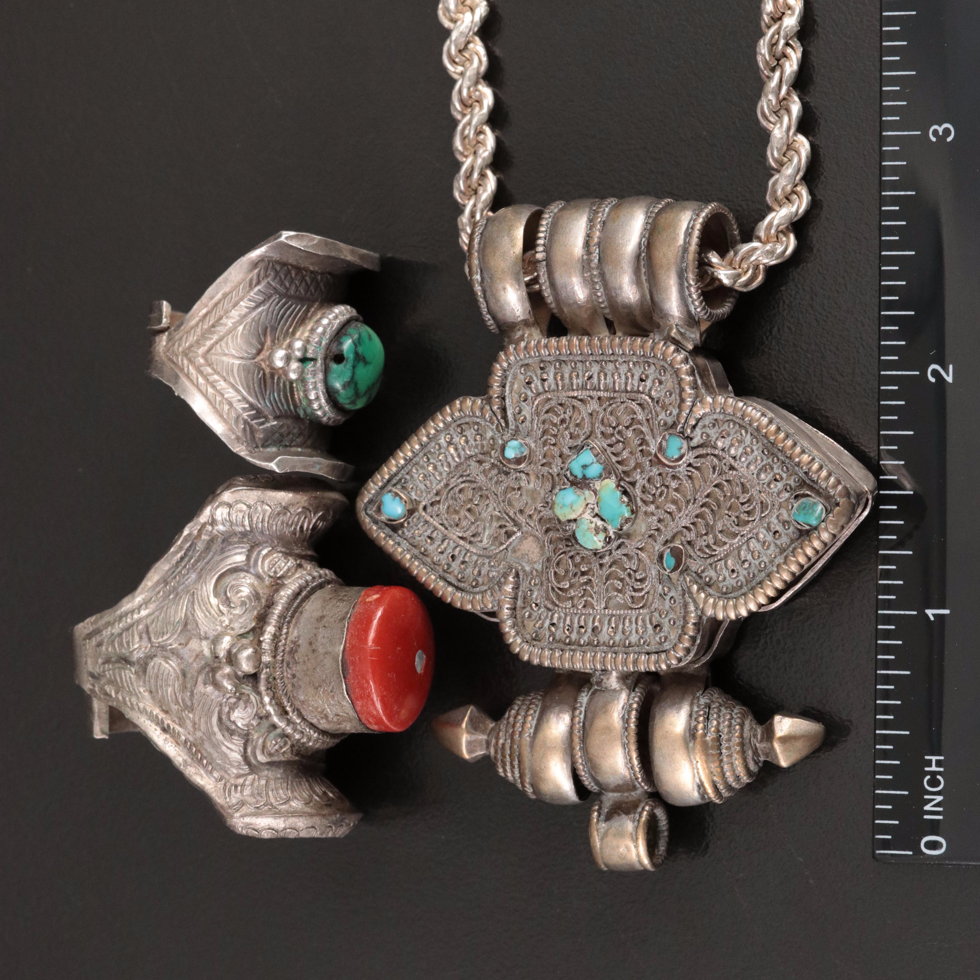 Tibetan Style Jewelry Including Sterling Turquoise & Faux Coral Ga'u Necklace