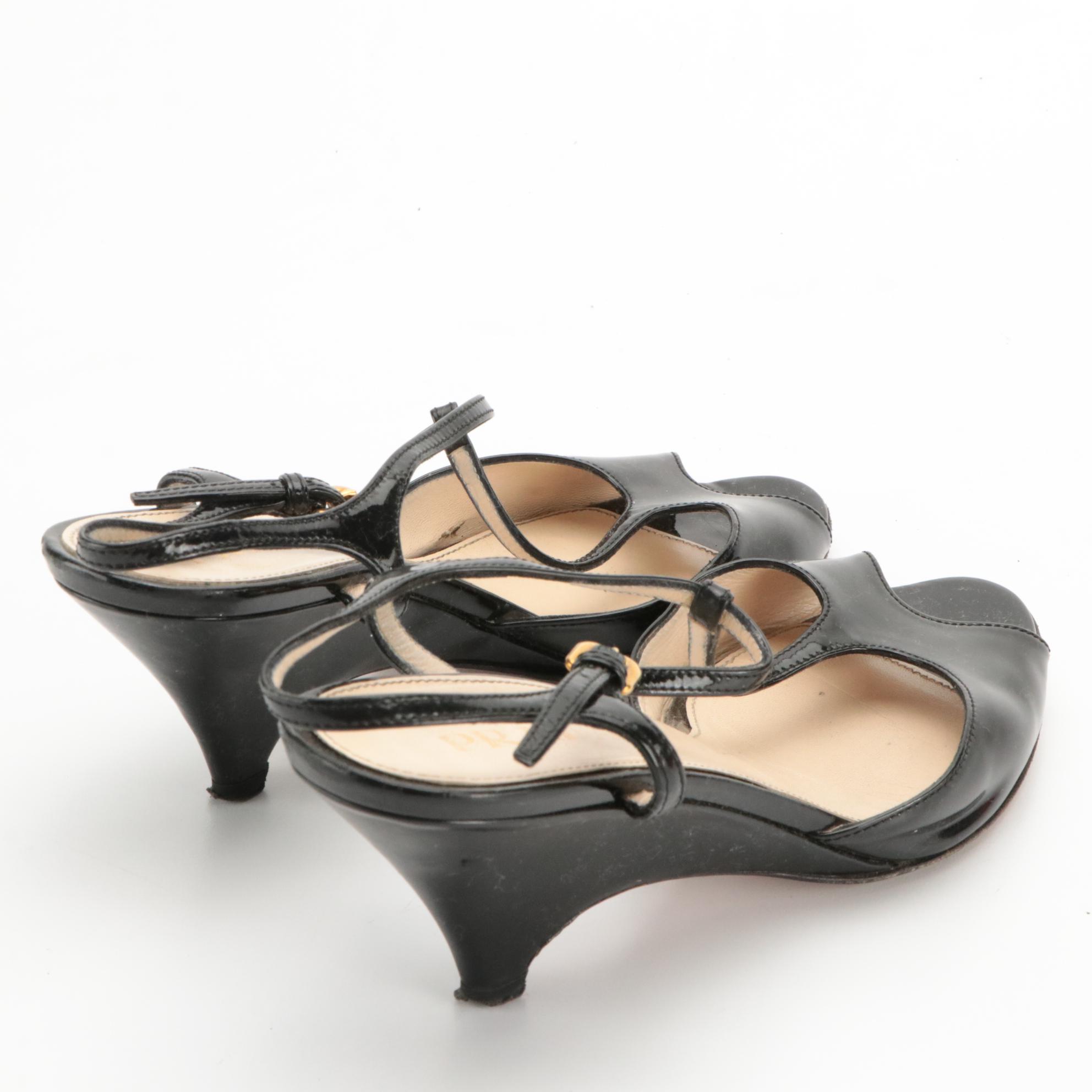 Prada Black Patent Leather Open-Toe T-Strap Wedges with Box