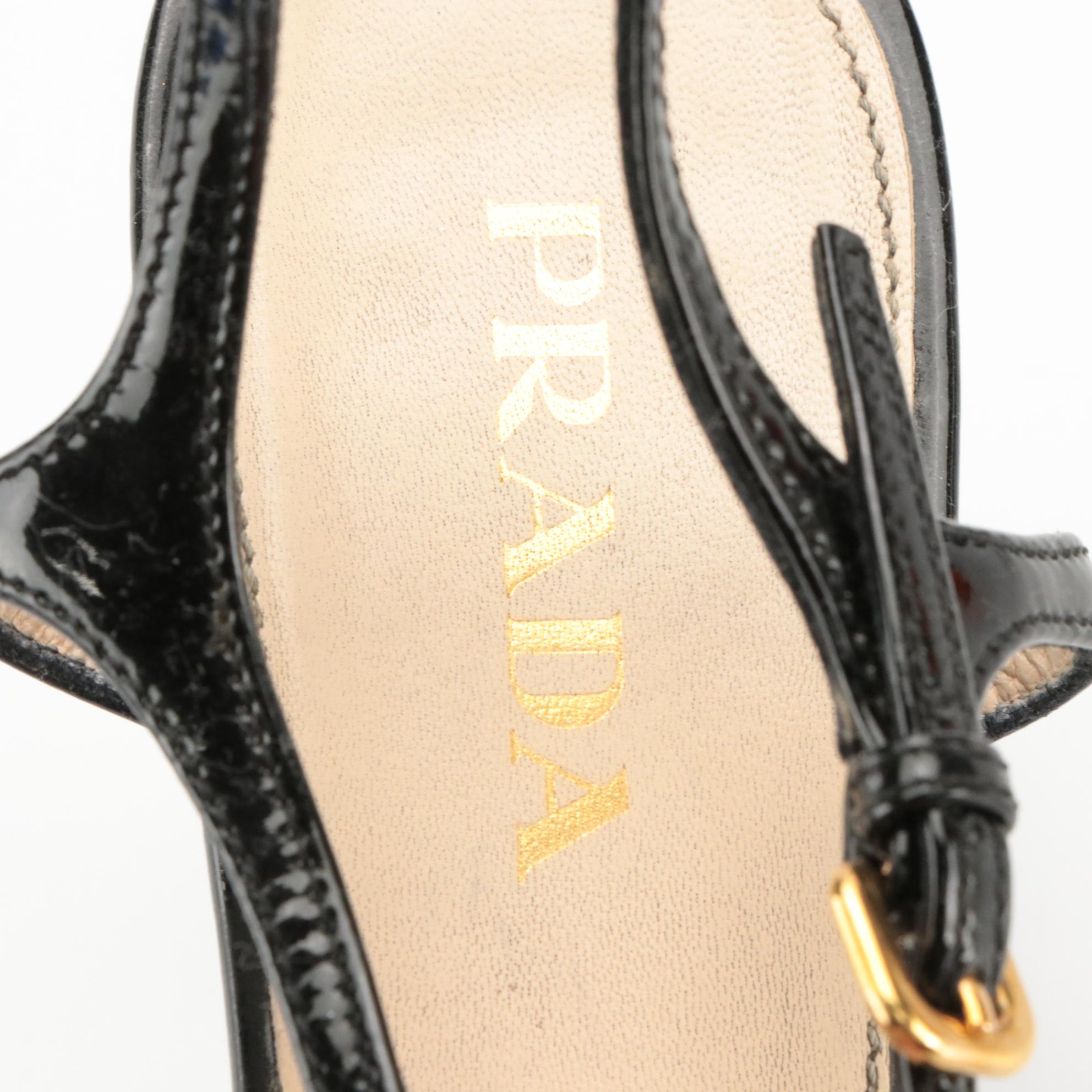 Prada Black Patent Leather Open-Toe T-Strap Wedges with Box