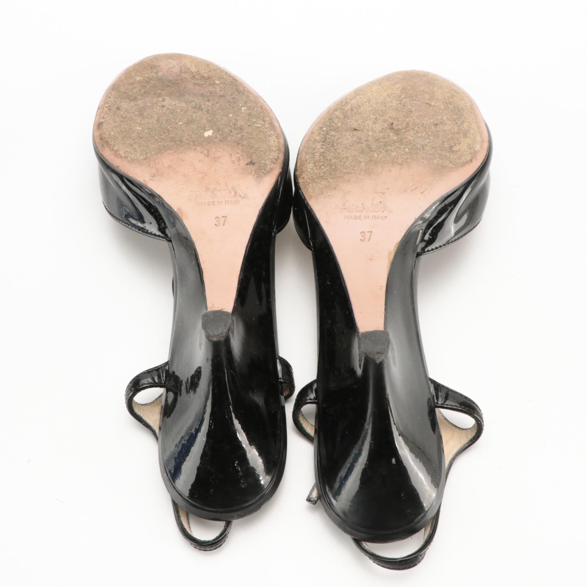 Prada Black Patent Leather Open-Toe T-Strap Wedges with Box