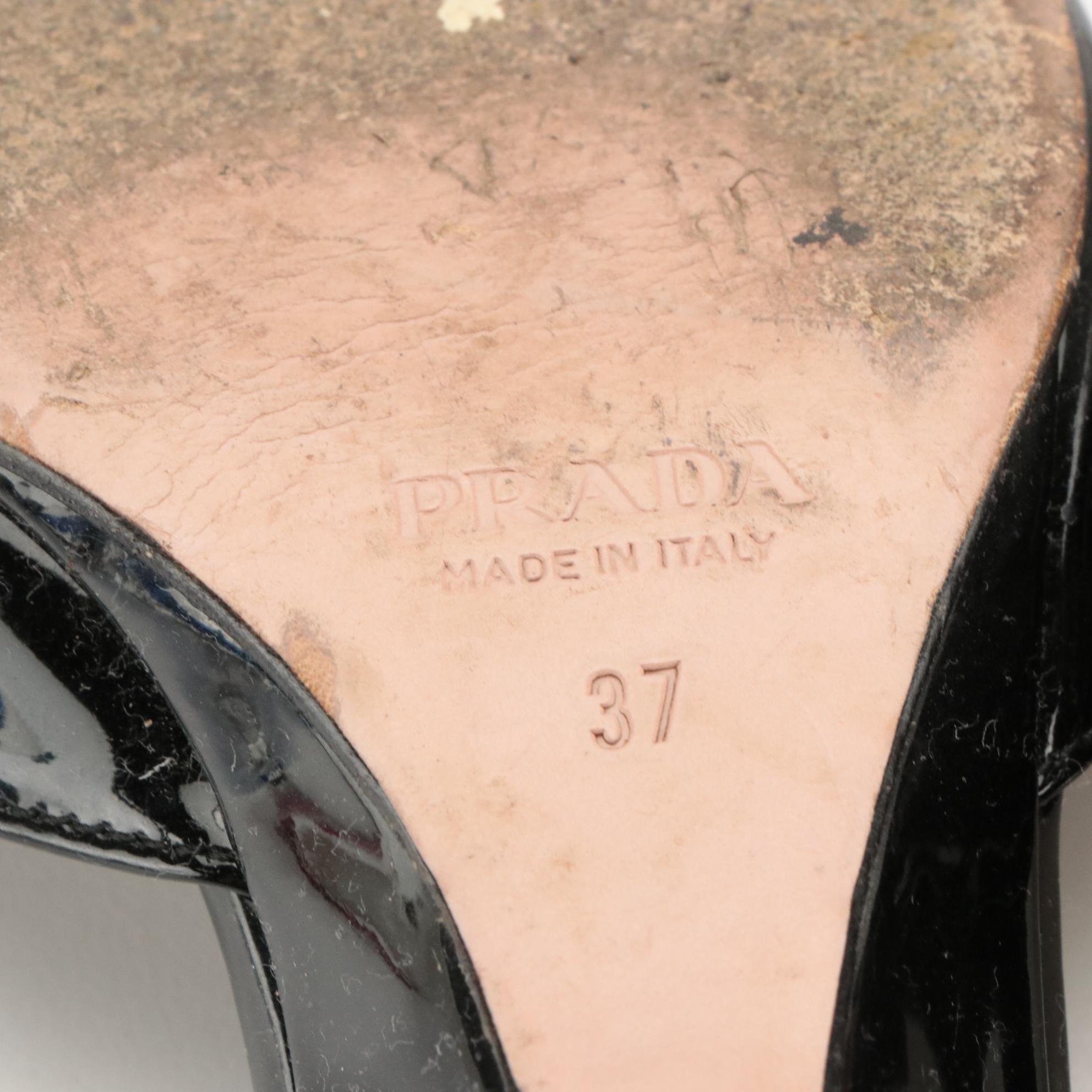 Prada Black Patent Leather Open-Toe T-Strap Wedges with Box