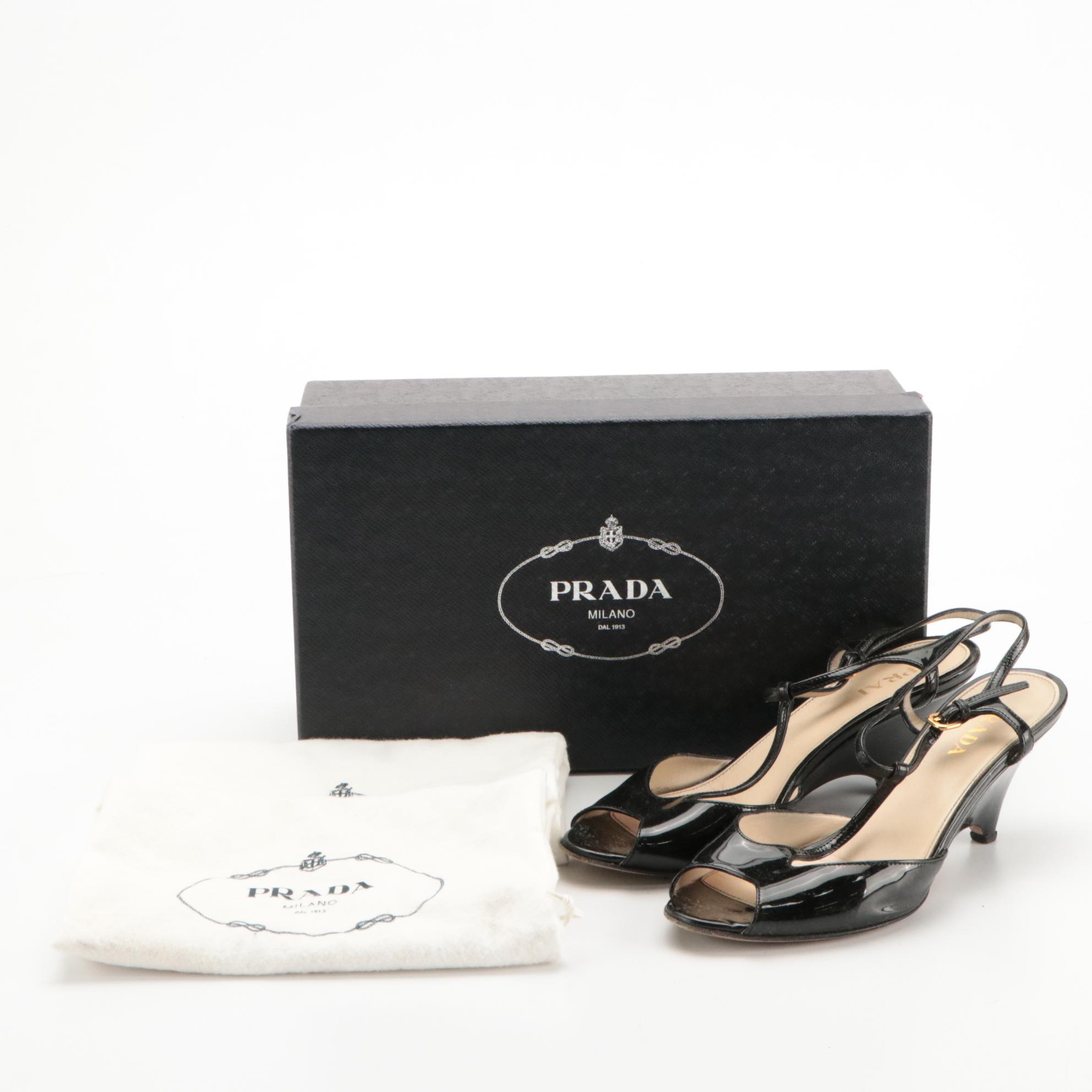 Prada Black Patent Leather Open-Toe T-Strap Wedges with Box