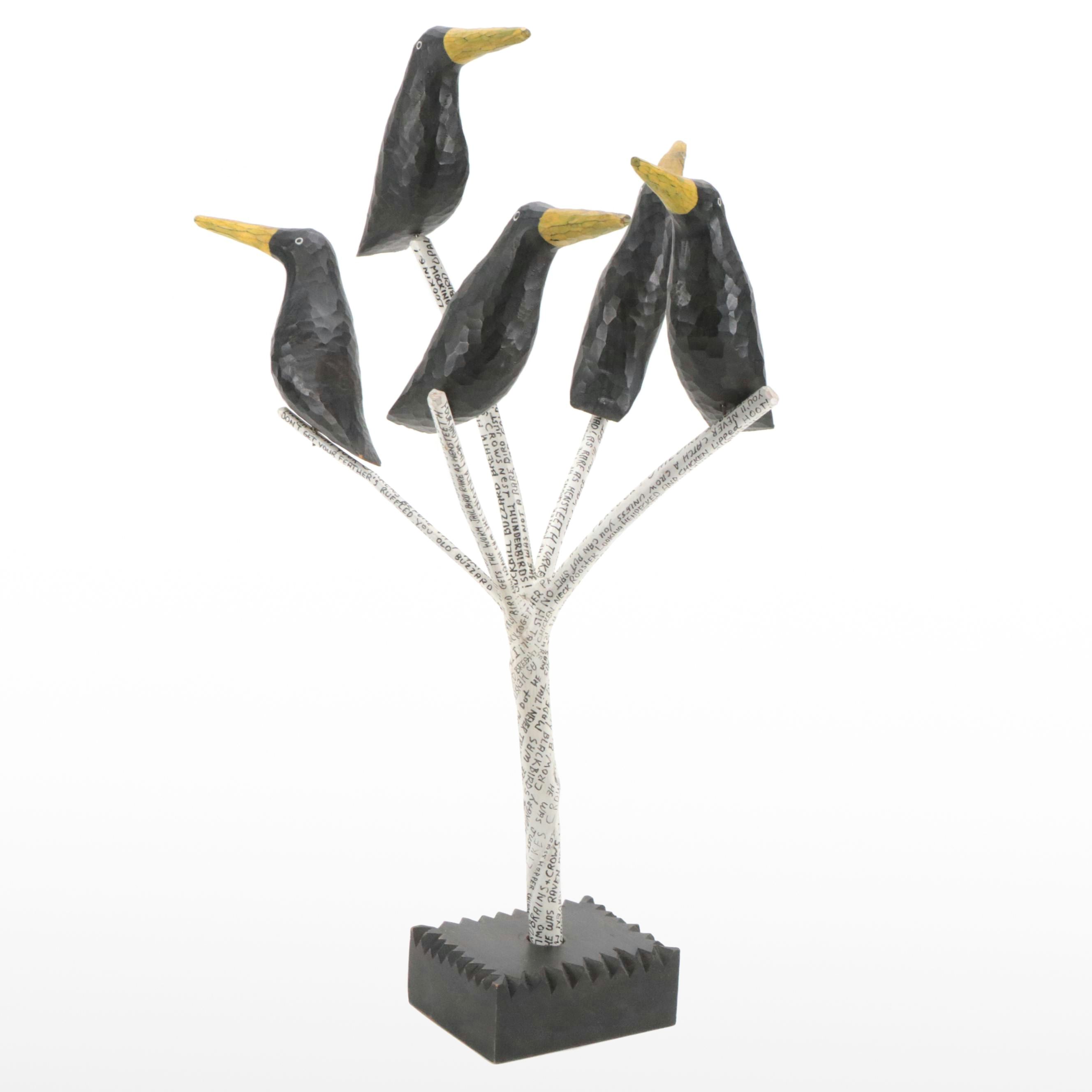 Shane Campbell Carved Wood Sculpture from "Crow Tree" Series