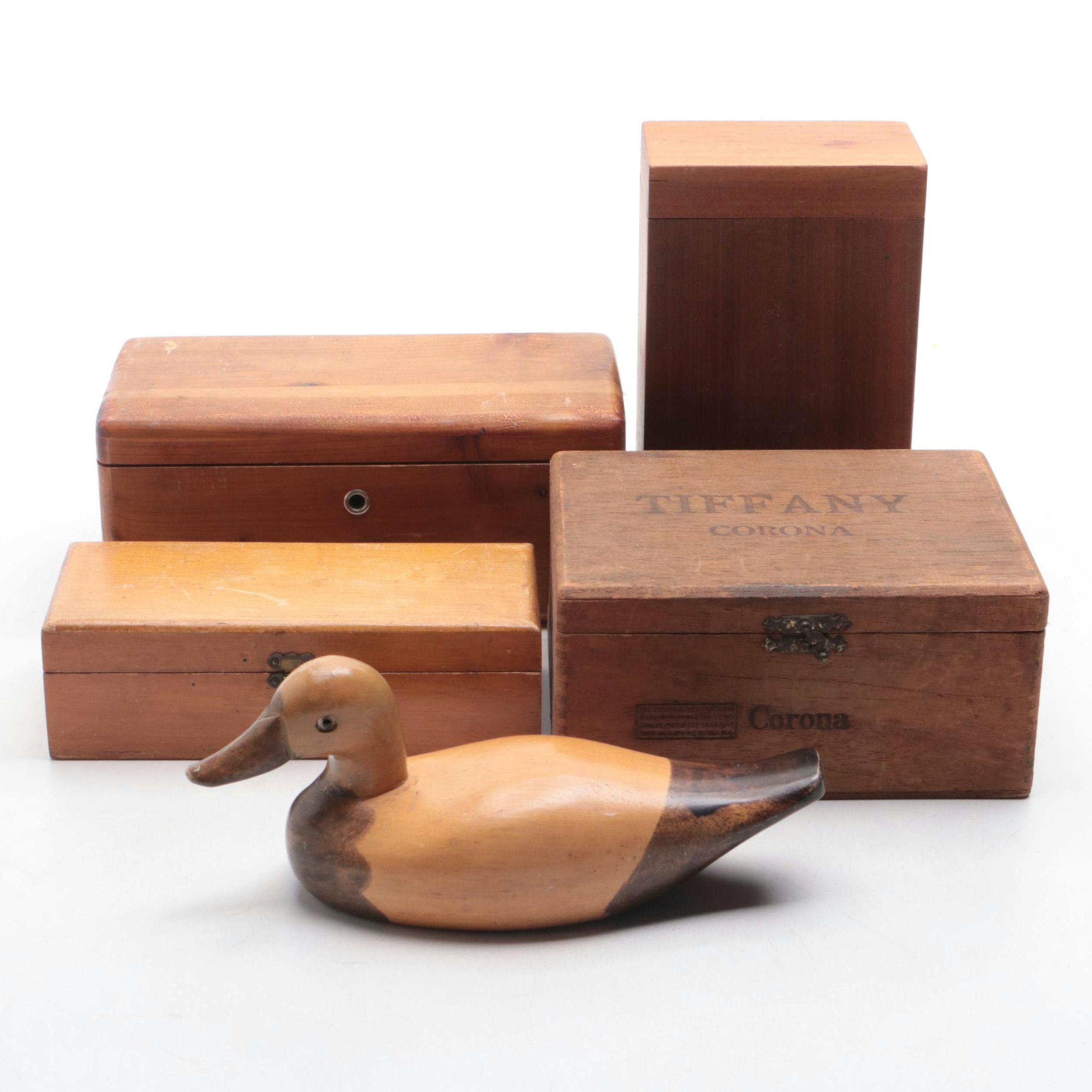 Cedar with Other Wooden Boxes and Duck Figurine