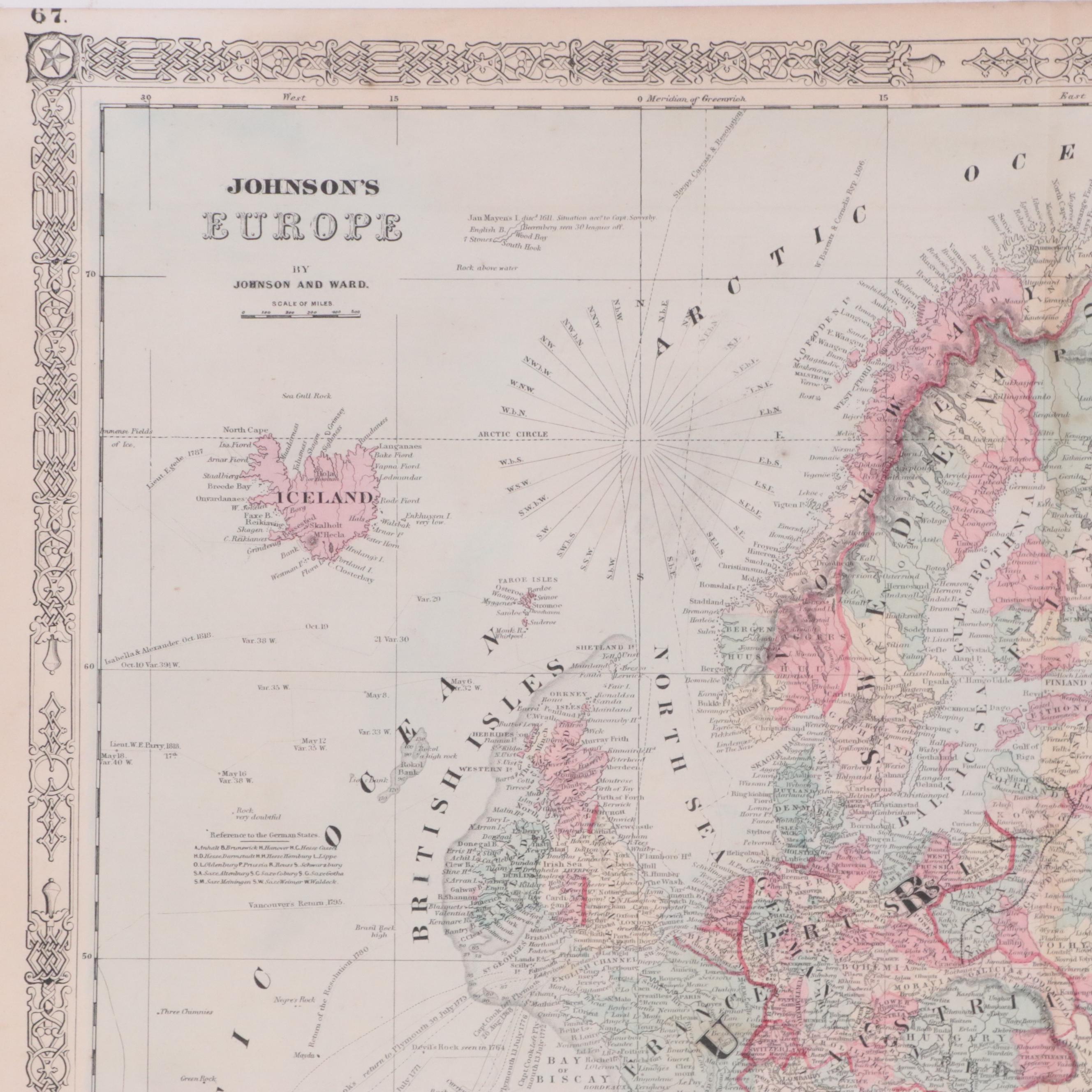 Johnson and Ward Engraving with Hand-Coloring Map "Johnson's Europe," 1864