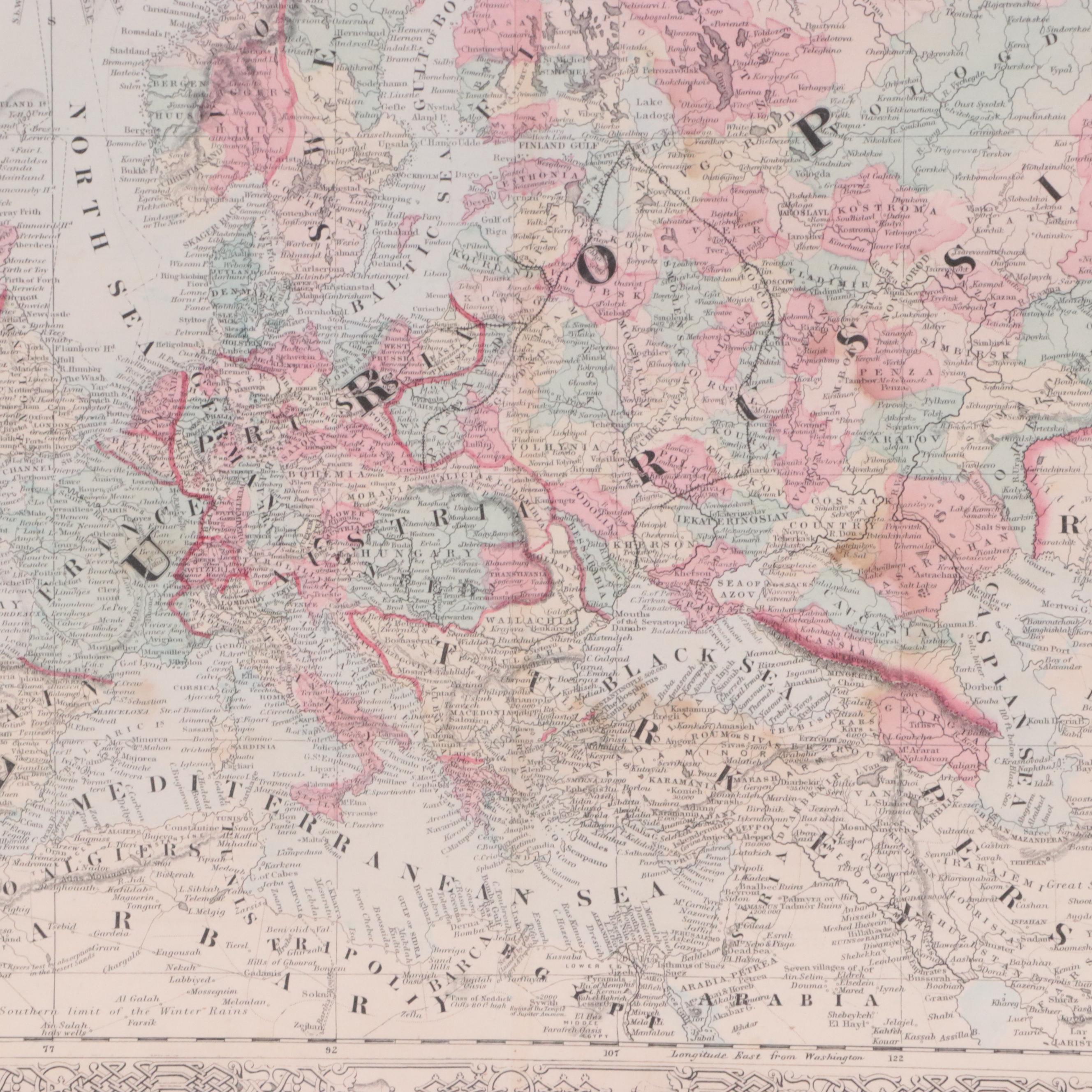 Johnson and Ward Engraving with Hand-Coloring Map "Johnson's Europe," 1864