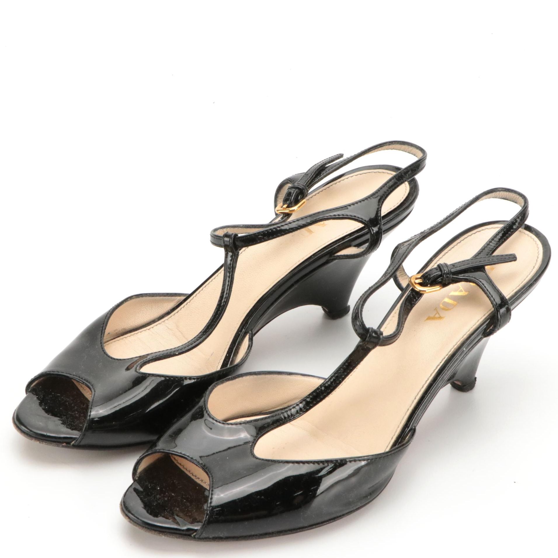 Prada Black Patent Leather Open-Toe T-Strap Wedges with Box