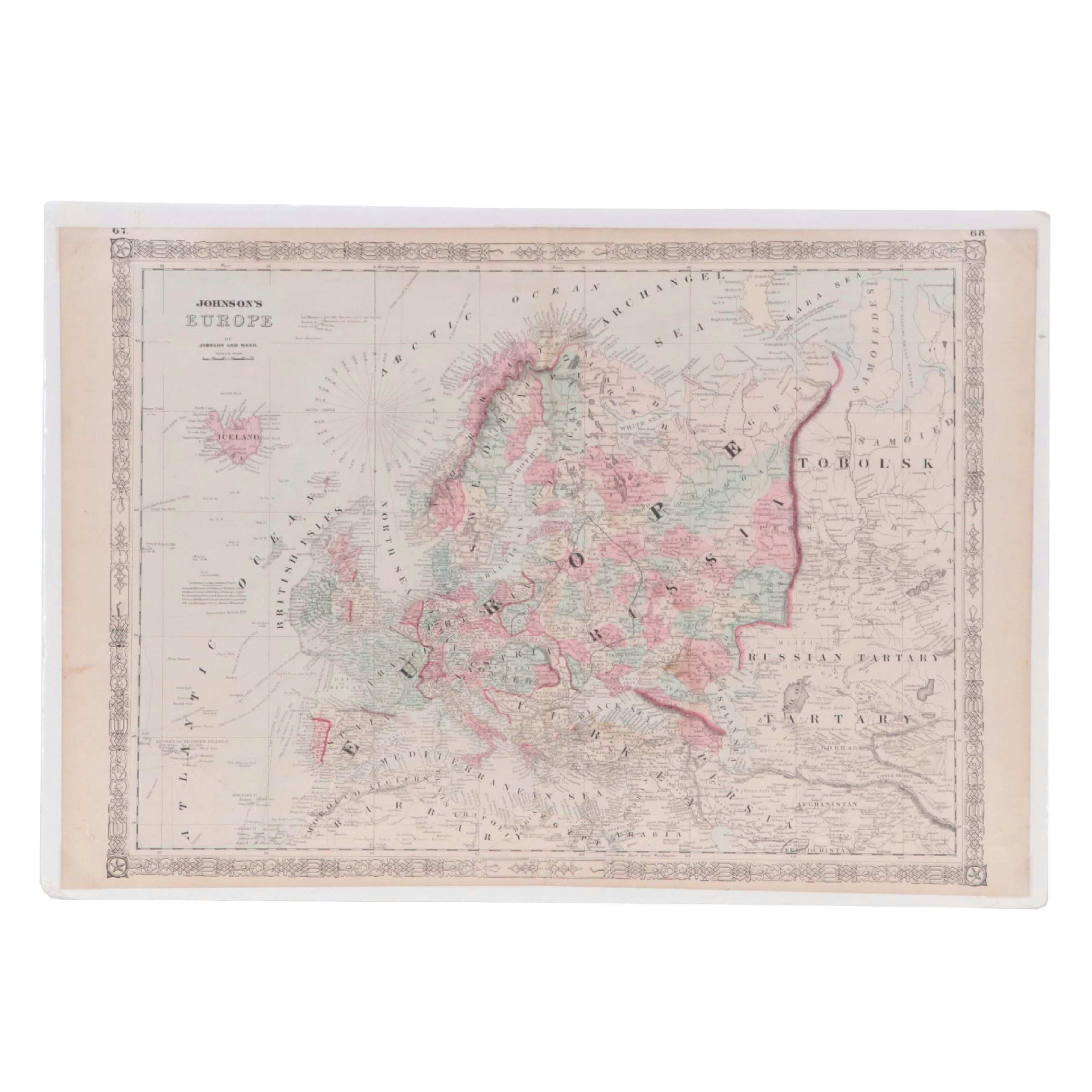 Johnson and Ward Engraving with Hand-Coloring Map "Johnson's Europe," 1864