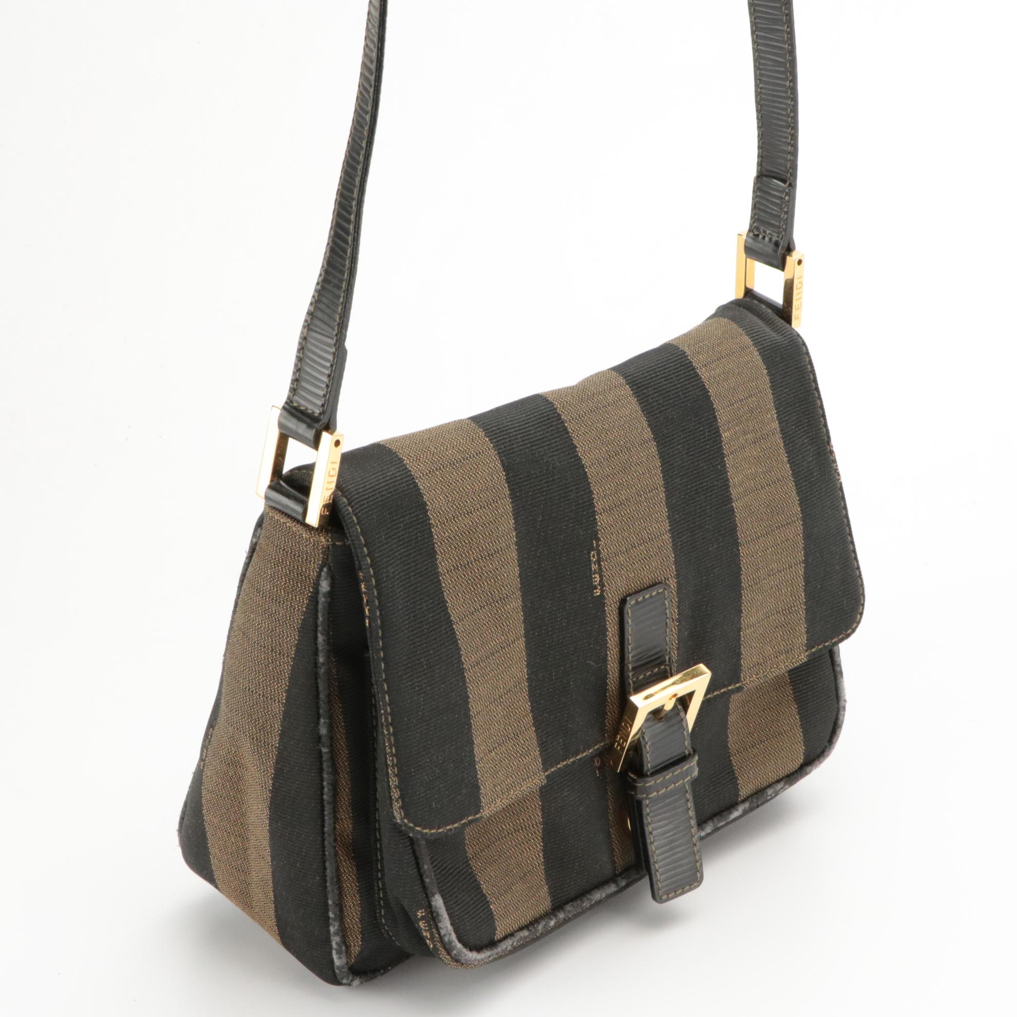 Fendi Black/Tobacco Jacquard Pequin Canvas Buckle-Flap Crossbody Bag