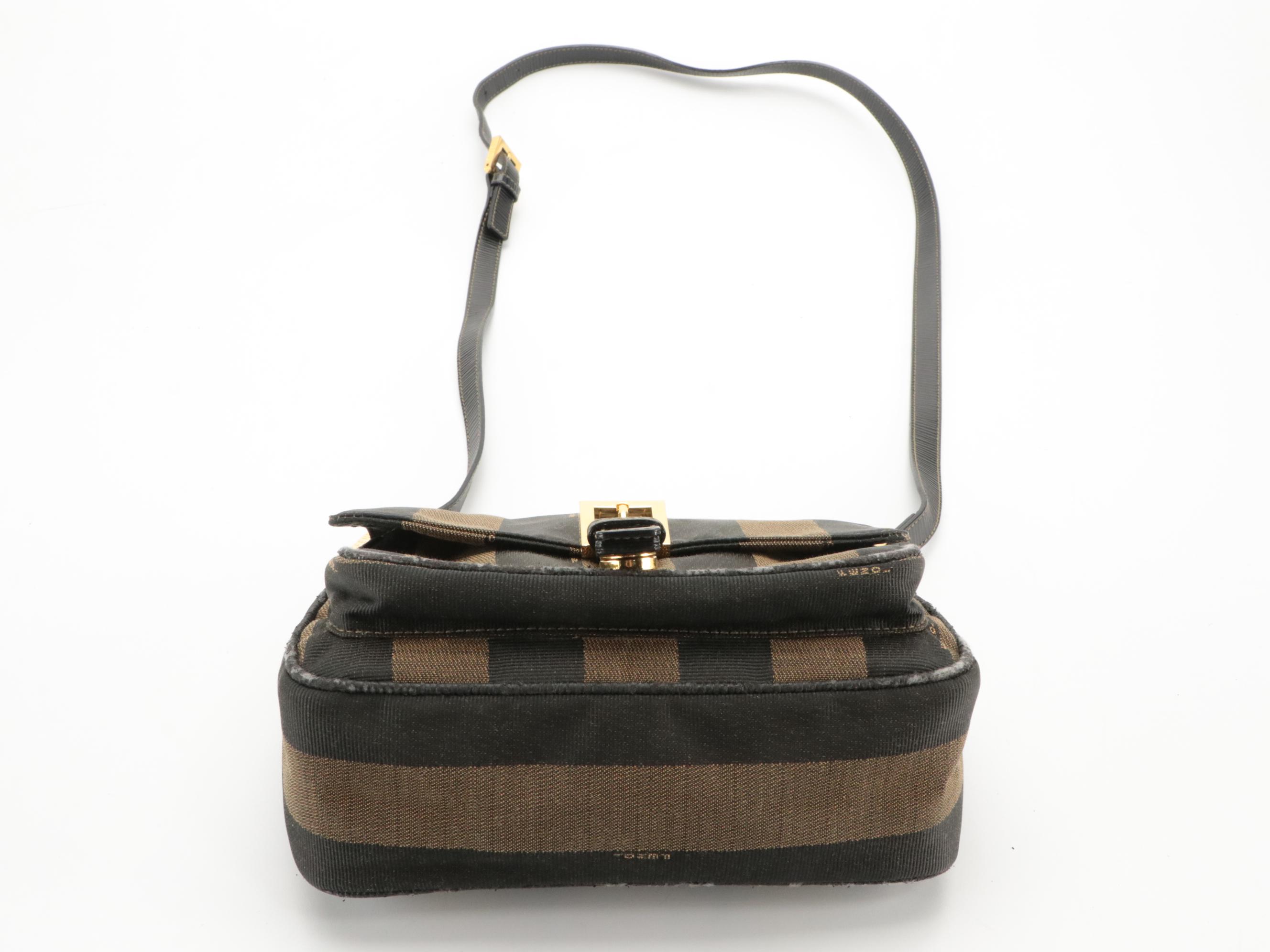 Fendi Black/Tobacco Jacquard Pequin Canvas Buckle-Flap Crossbody Bag