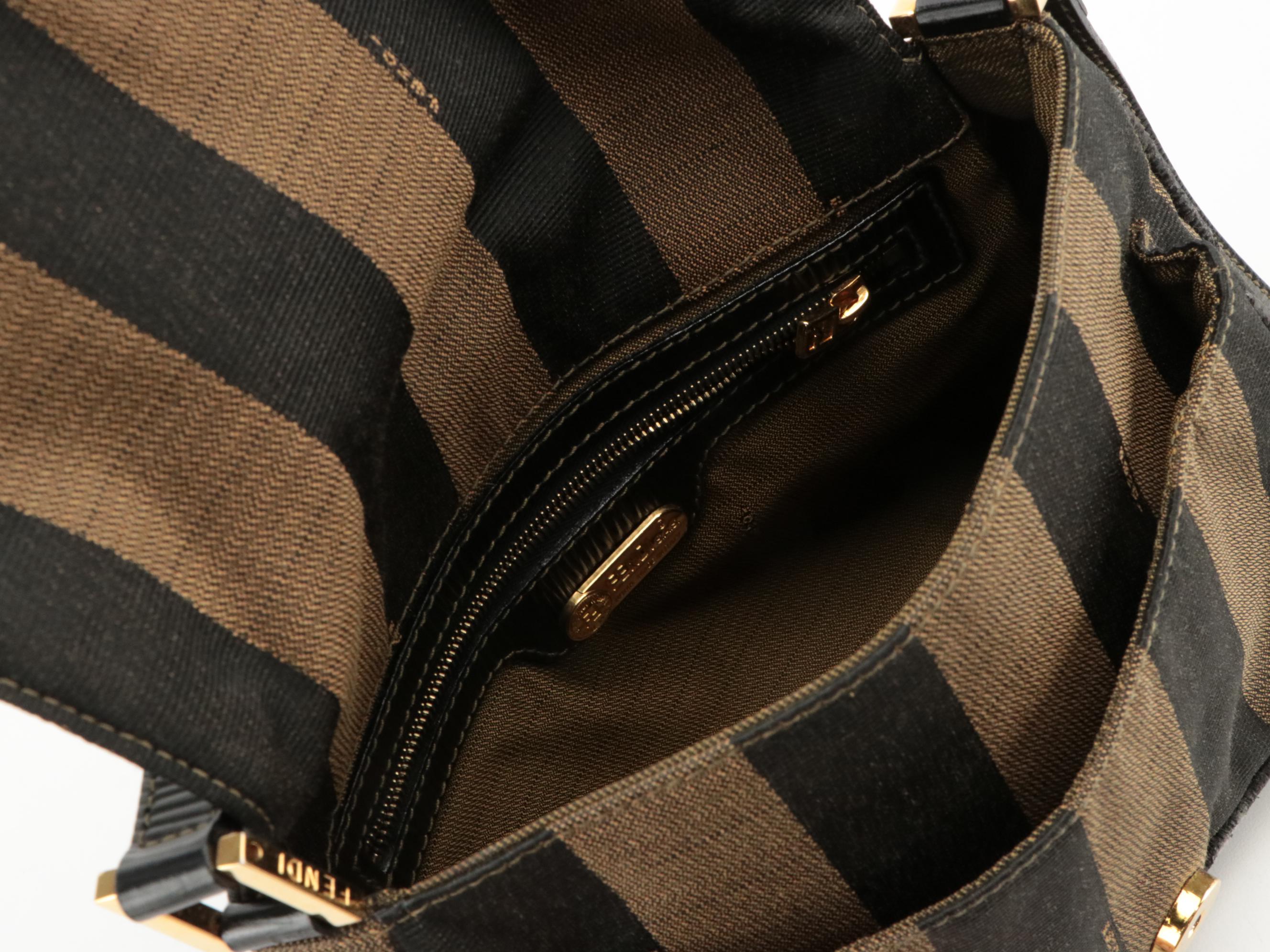 Fendi Black/Tobacco Jacquard Pequin Canvas Buckle-Flap Crossbody Bag