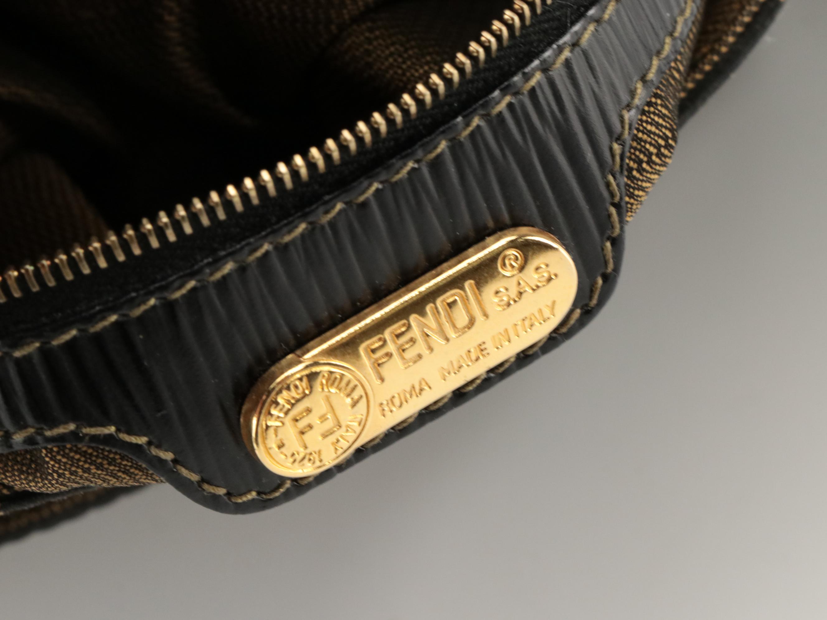 Fendi Black/Tobacco Jacquard Pequin Canvas Buckle-Flap Crossbody Bag