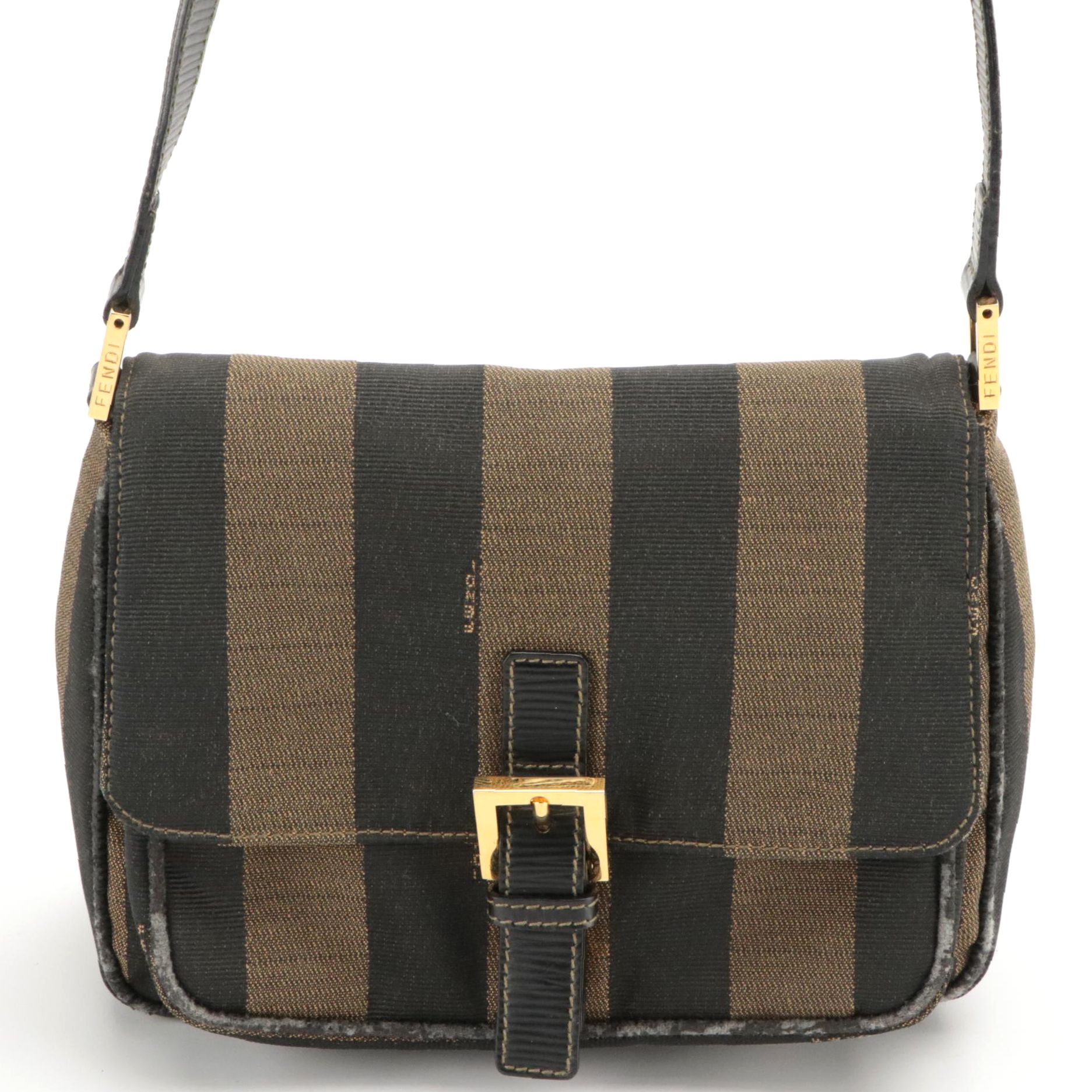 Fendi Black/Tobacco Jacquard Pequin Canvas Buckle-Flap Crossbody Bag