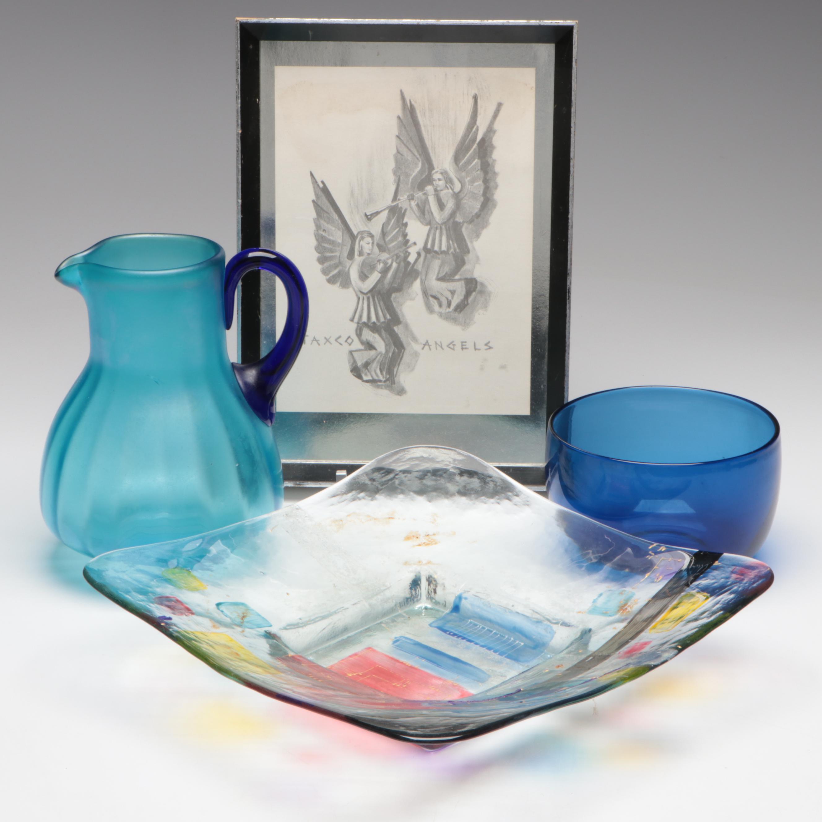 Fenton "Celeste" Cobalt Handled Blue Pitcher, Blue Bowl, Graphite Drawing, More