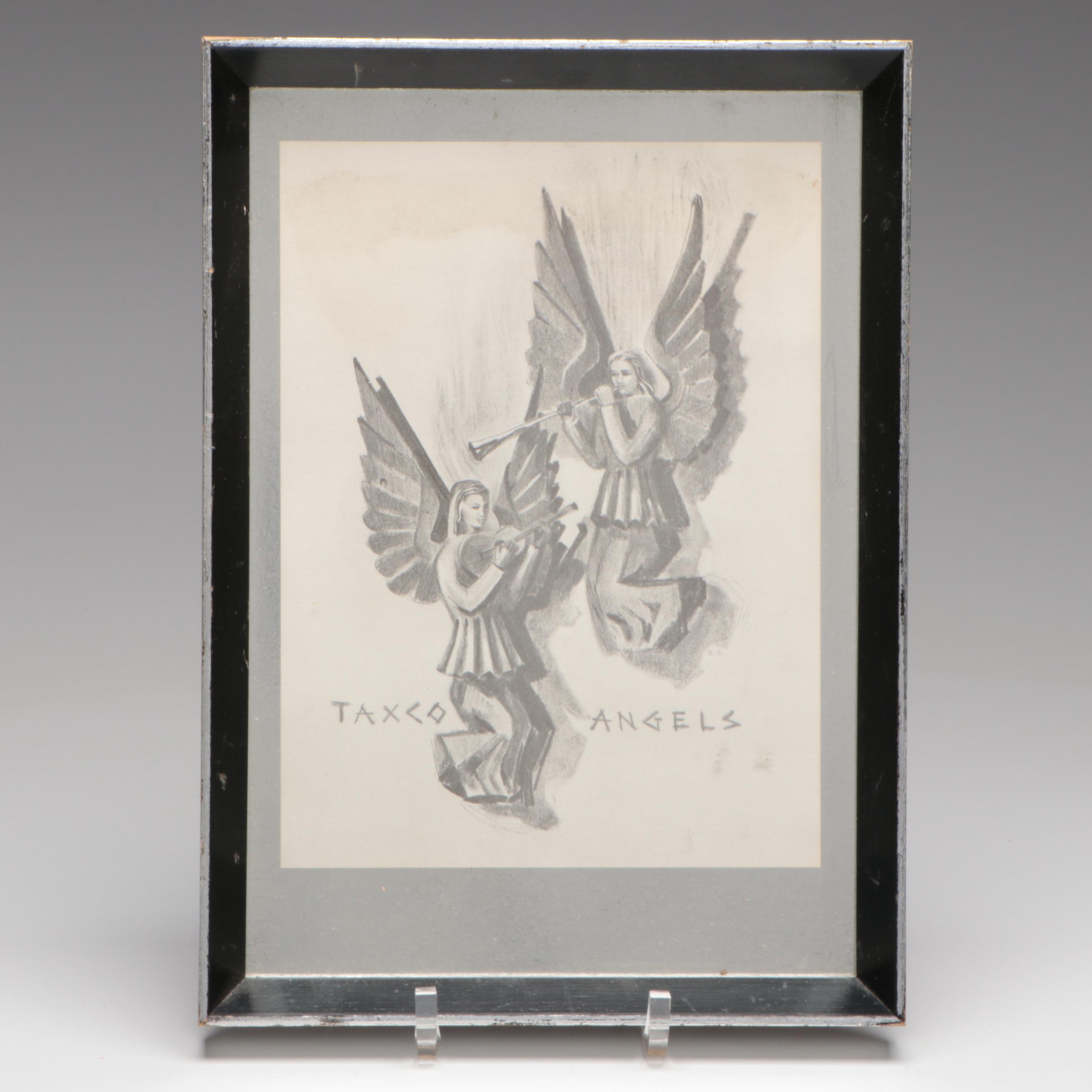 Fenton "Celeste" Cobalt Handled Blue Pitcher, Blue Bowl, Graphite Drawing, More