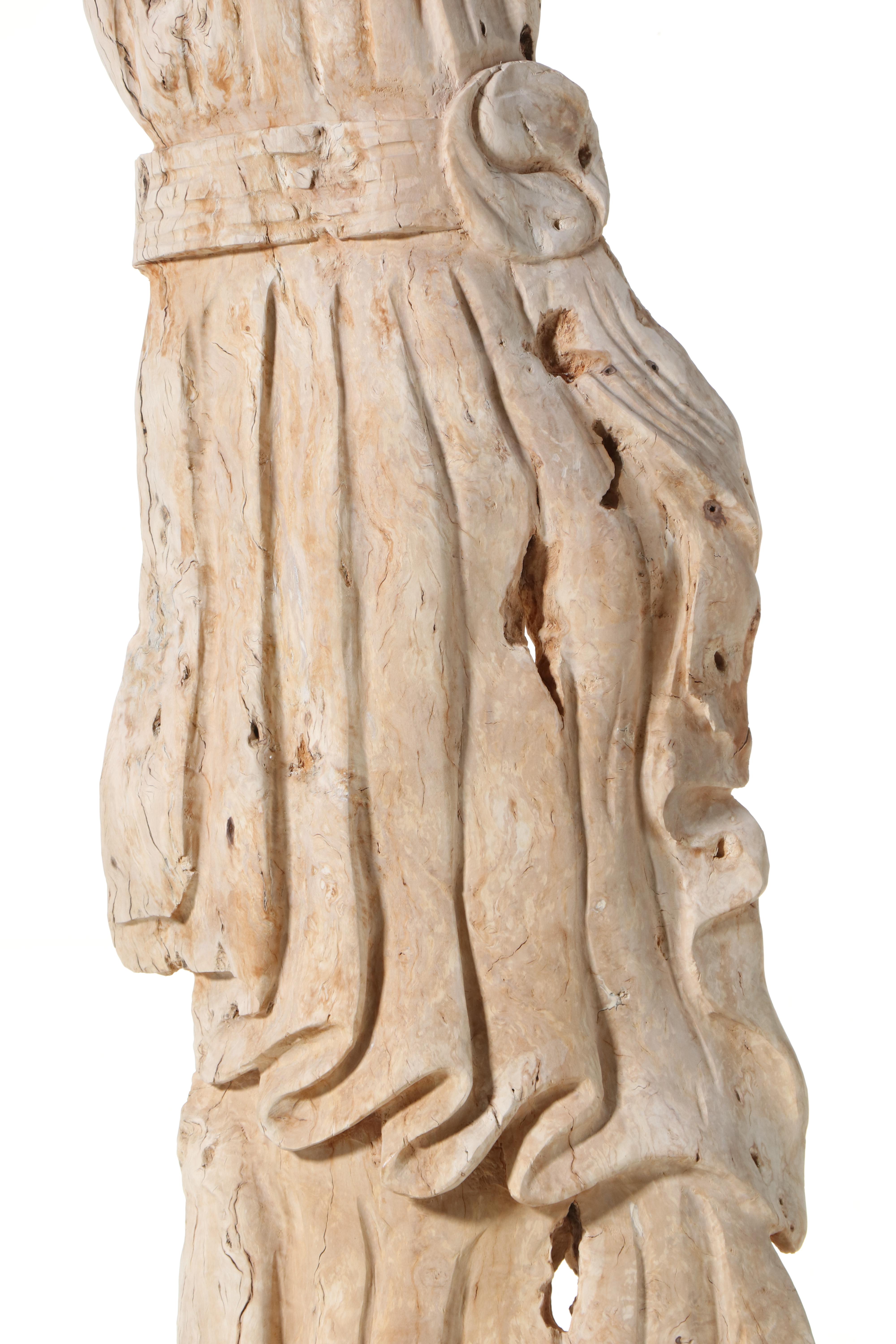 Indian Large-Scale Carved Teak Drapery Sculpture on Stand