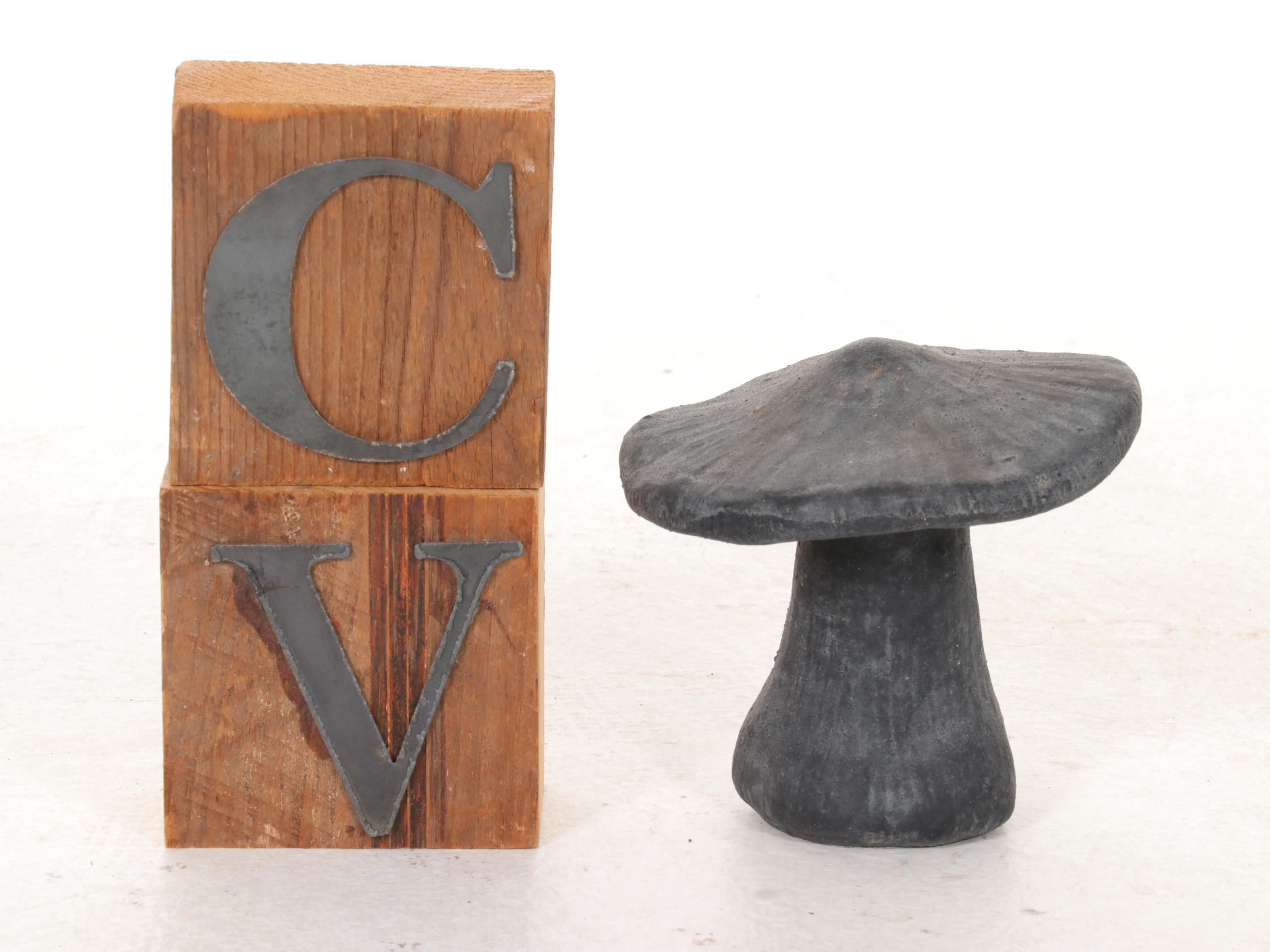 Metal Pinwheel Sculptures, Black Ceramic Mushroom and Block Letter Décor