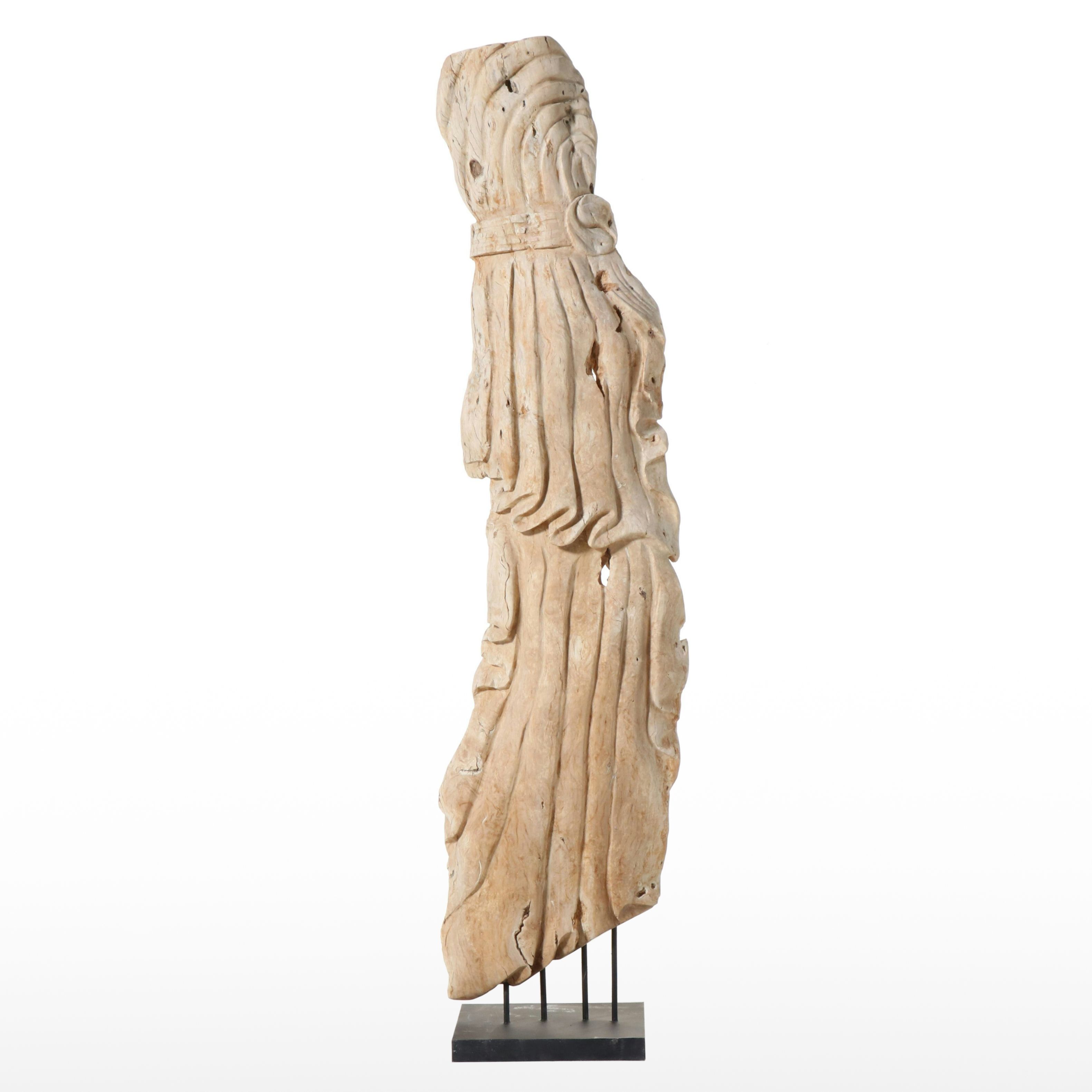 Indian Large-Scale Carved Teak Drapery Sculpture on Stand