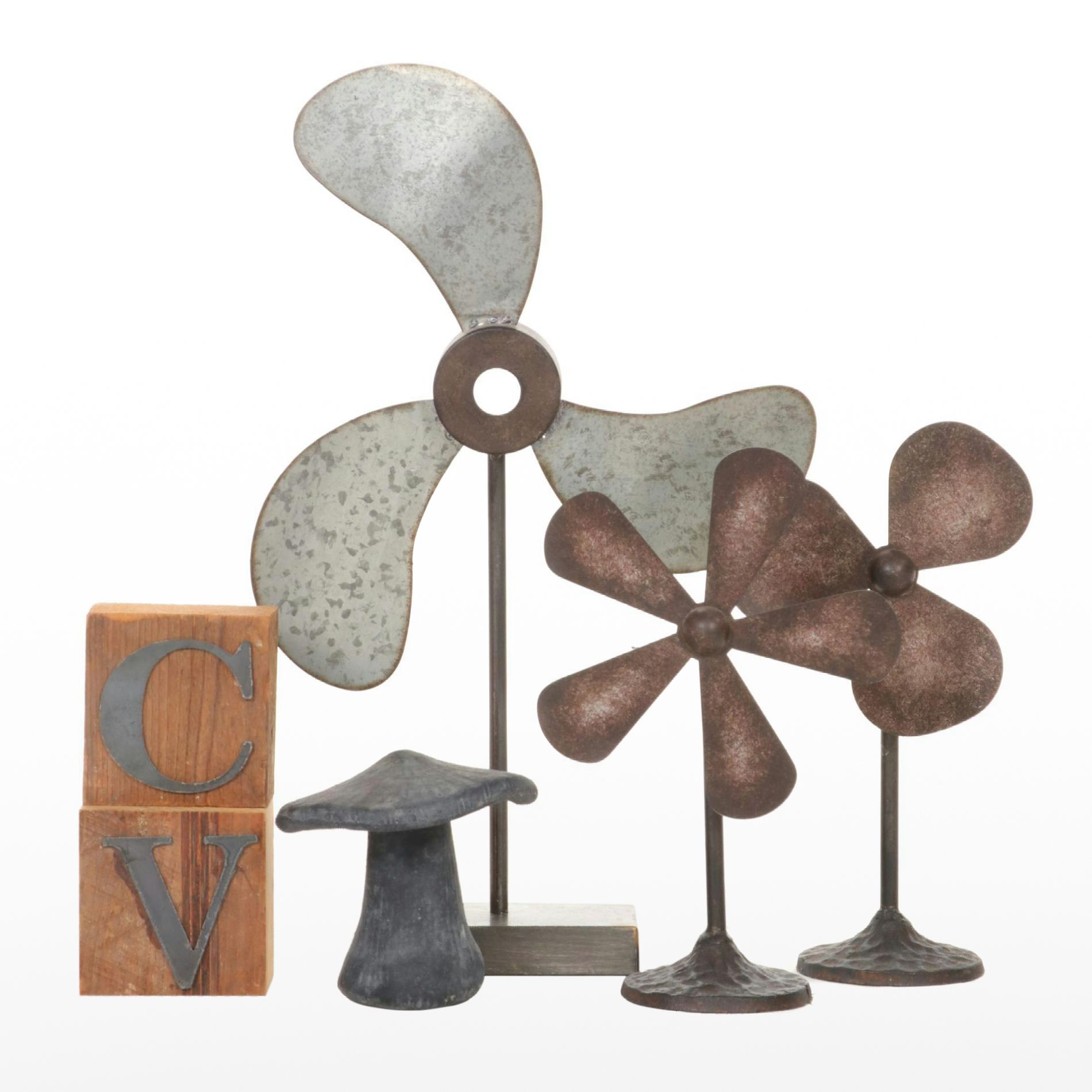 Metal Pinwheel Sculptures, Black Ceramic Mushroom and Block Letter Décor