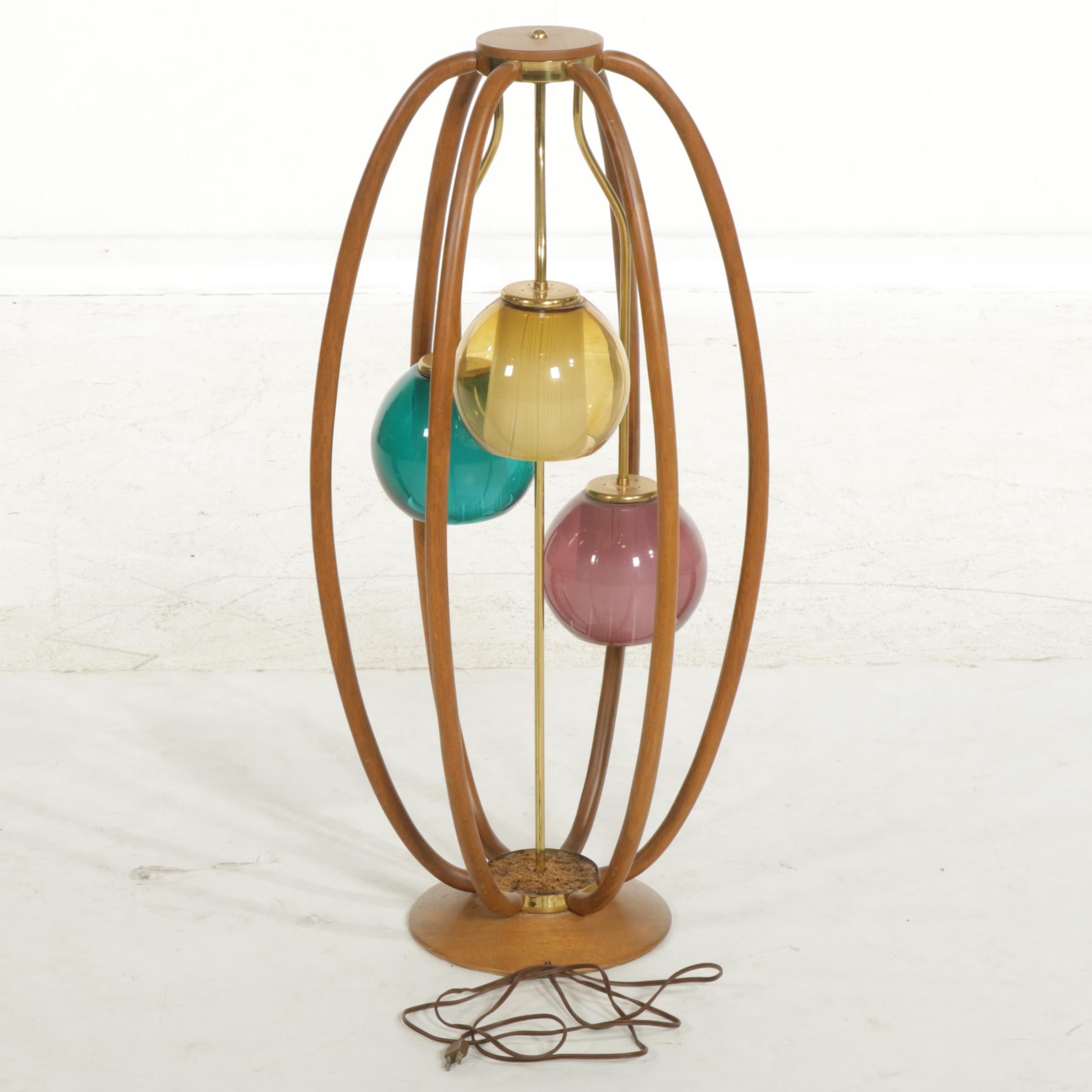 Mid Century Modern Modeline Walnut Table Lamp with Colored Glass Shades