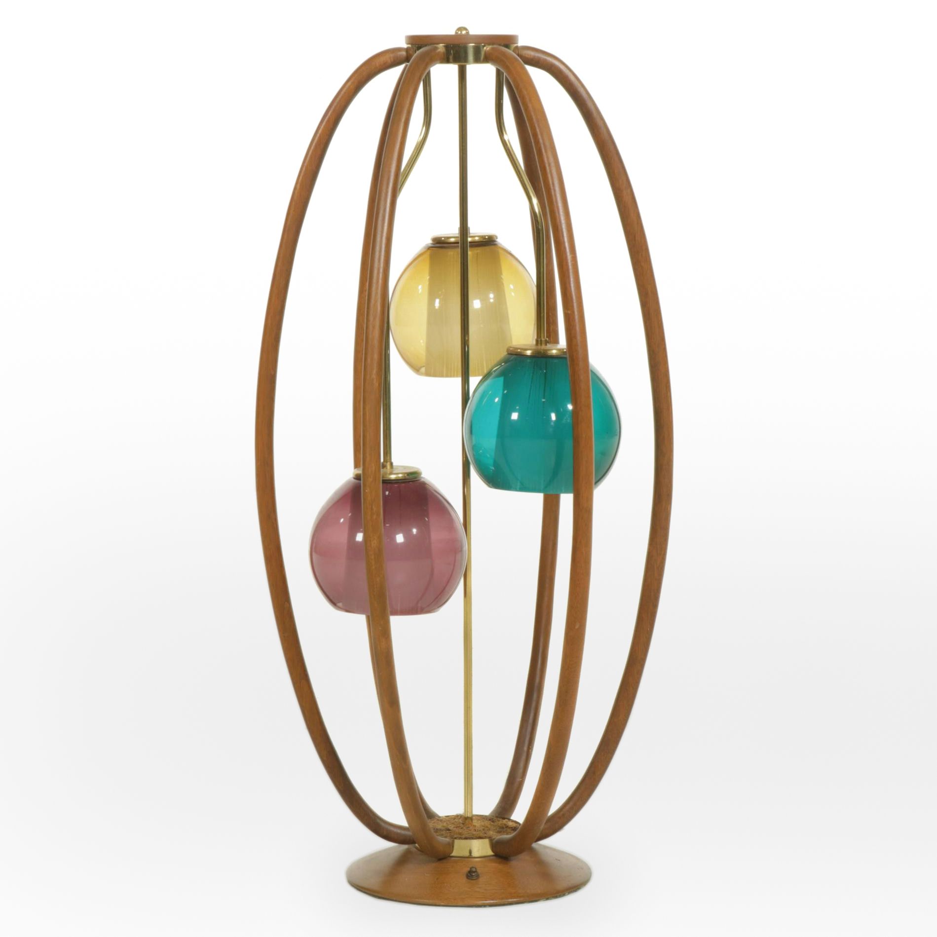 Mid Century Modern Modeline Walnut Table Lamp with Colored Glass Shades