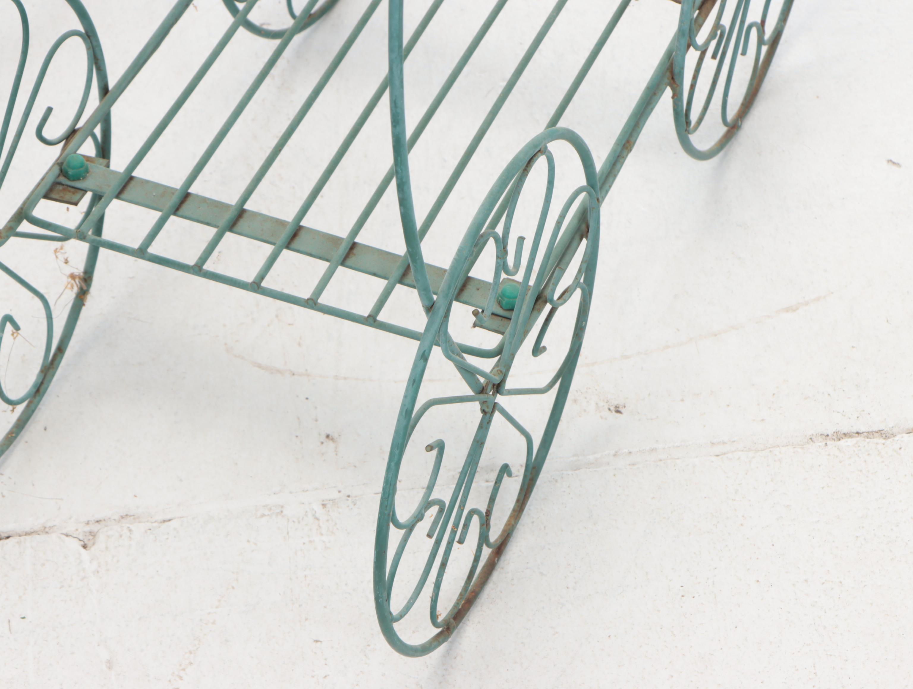 Wrought Iron Tricycle Flower Basket With Wire Beverage Cart and Accent Table
