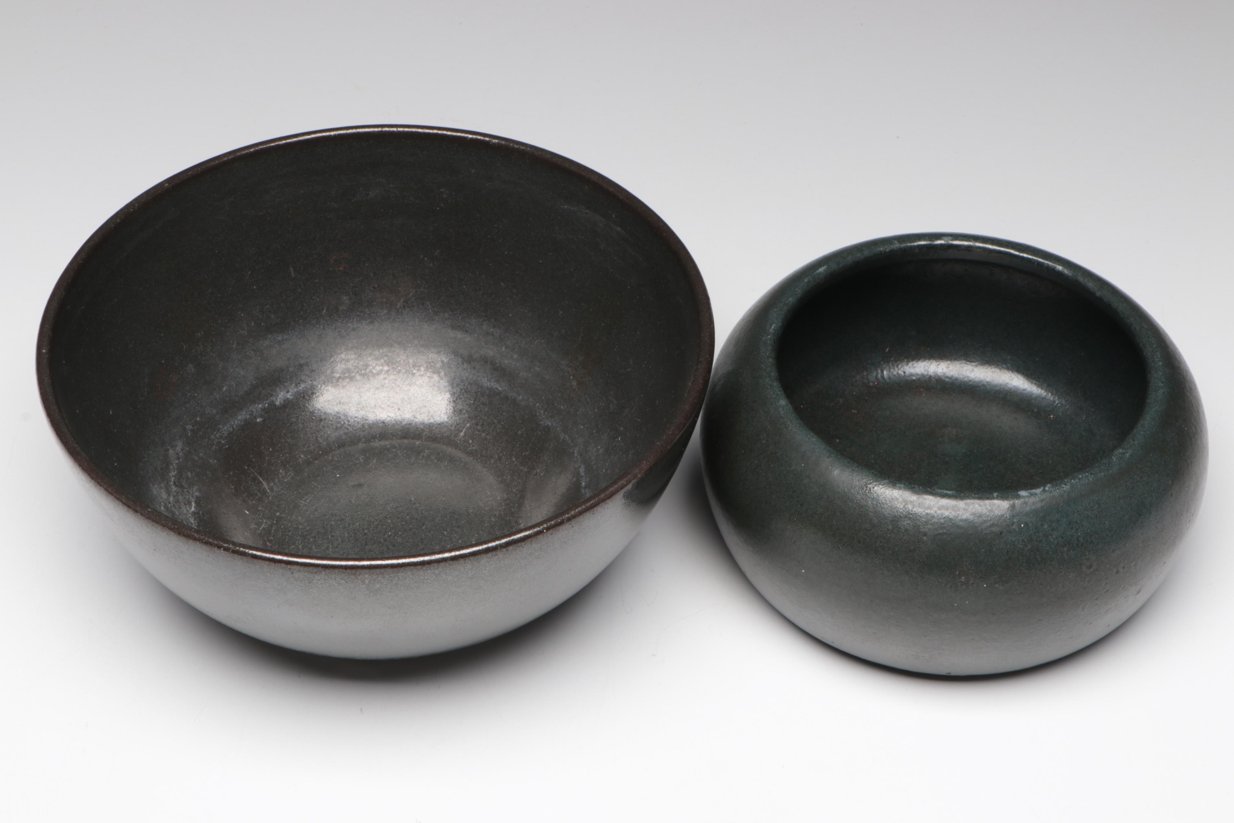 Paul Revere Pottery Black Matte Glaze Bowls and Plates, Early 20th Century