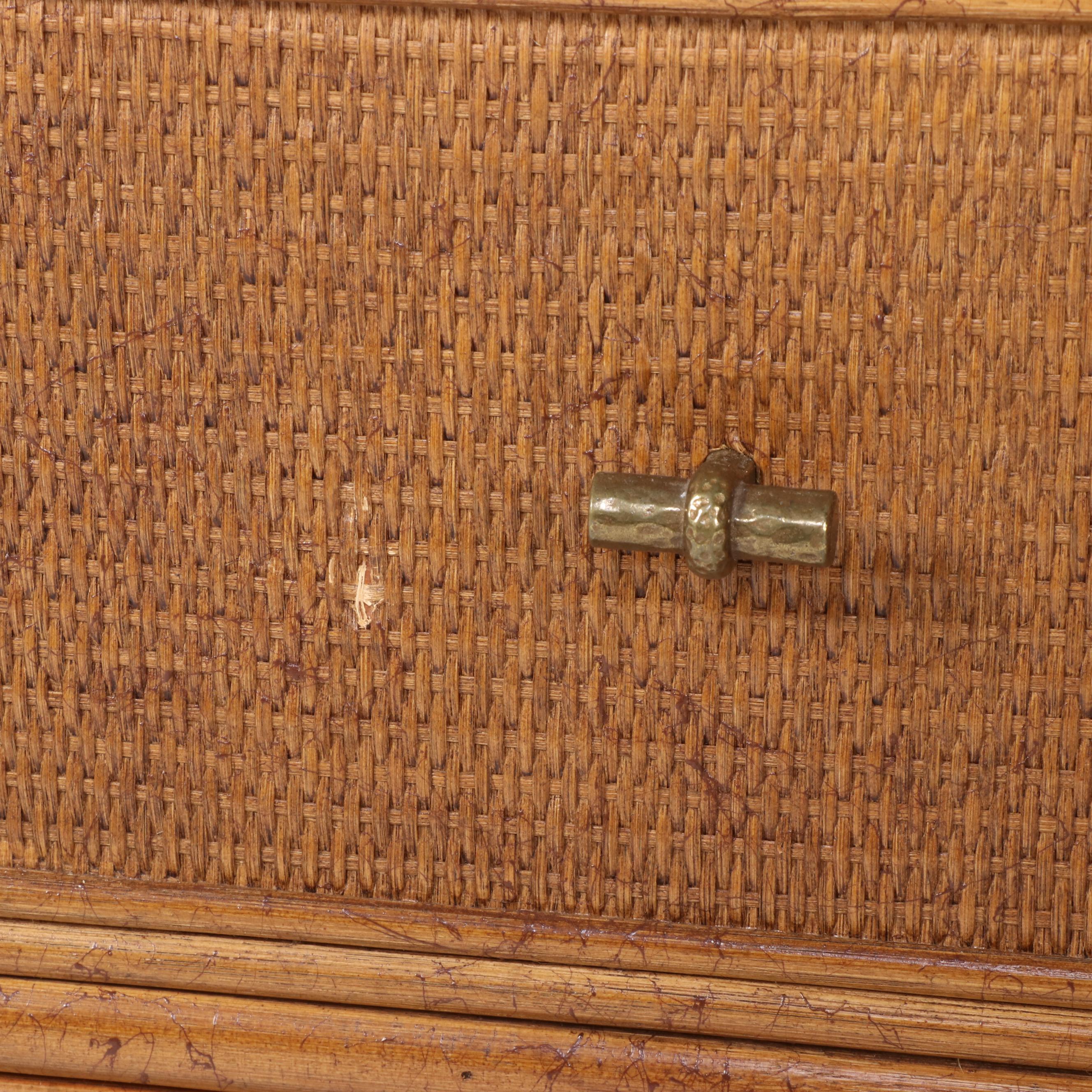 Modernist Rattan and Caned Four-Drawer Chest Plus Three-Drawer Nightstand