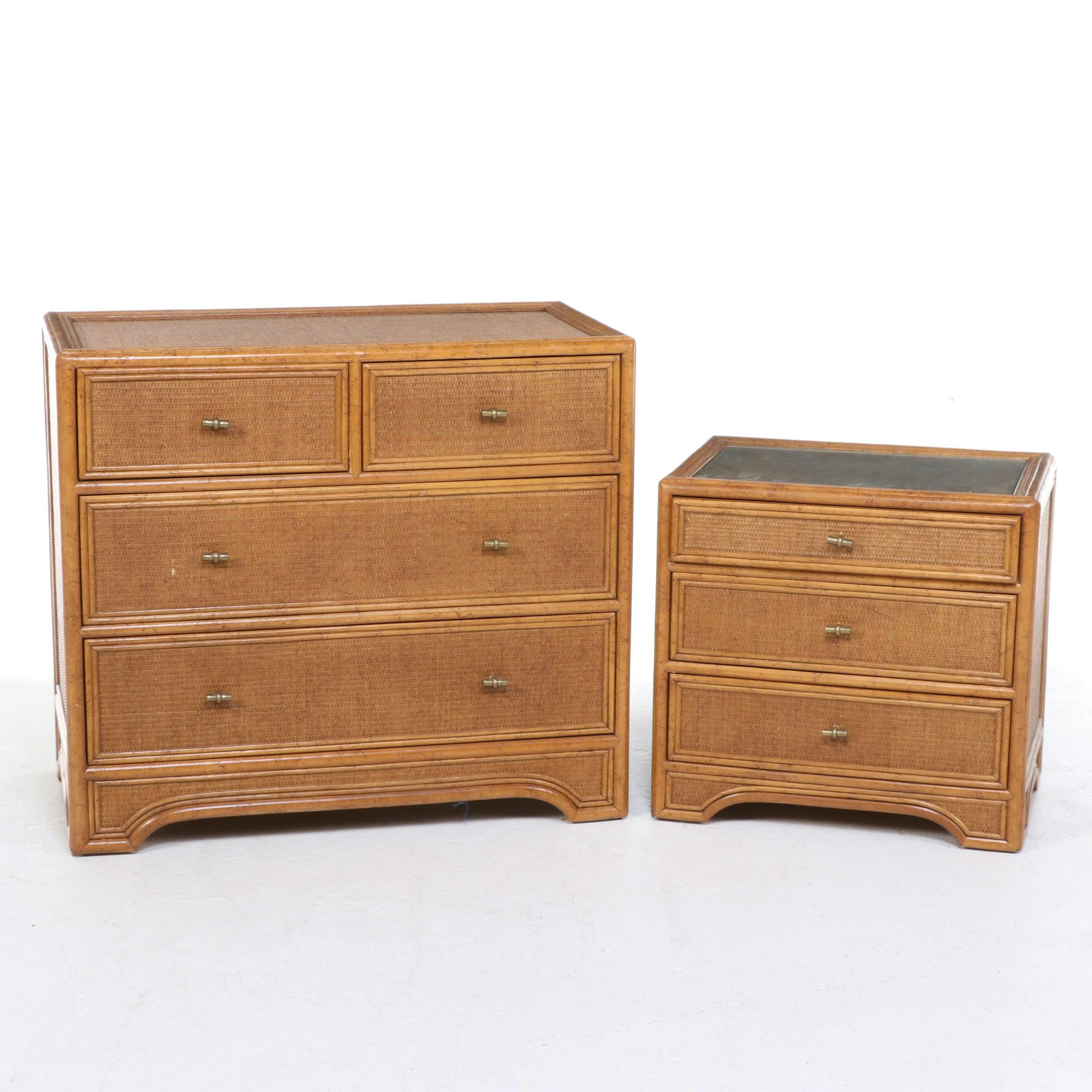 Modernist Rattan and Caned Four-Drawer Chest Plus Three-Drawer Nightstand