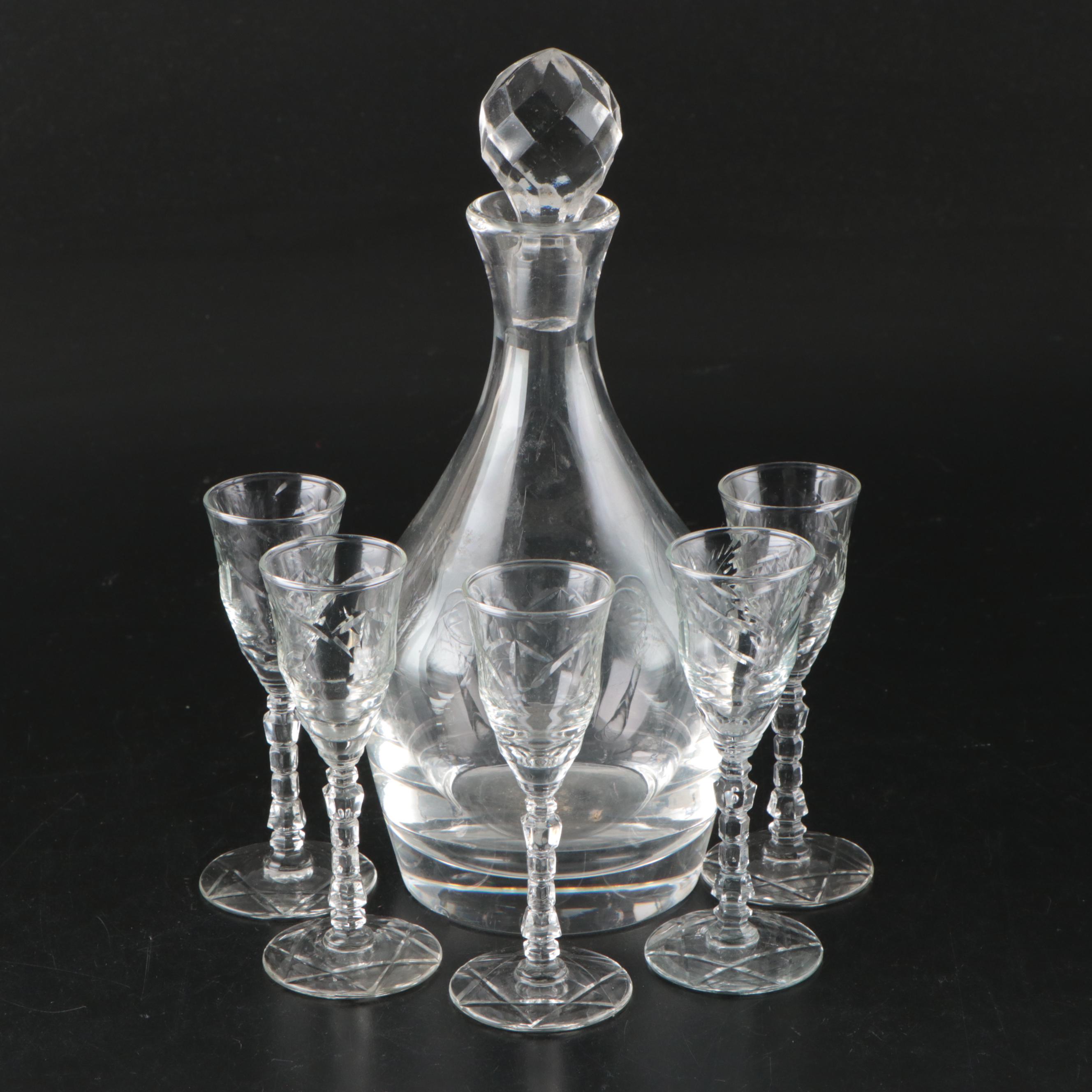 Stuben Art Glass Decanter and Other Cordial Glasses, Mid to Late 20th C.