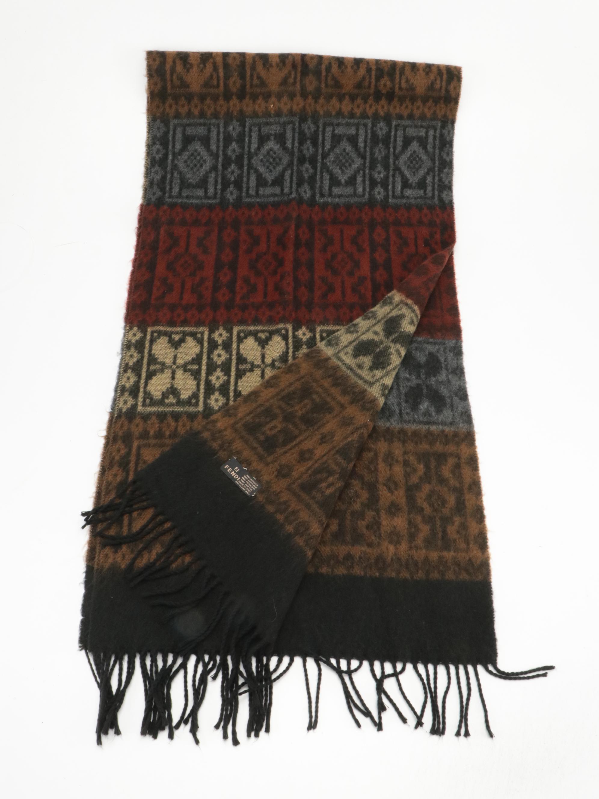 Fendi Vintage Printed Acrylic Fringe Hem Scarf
