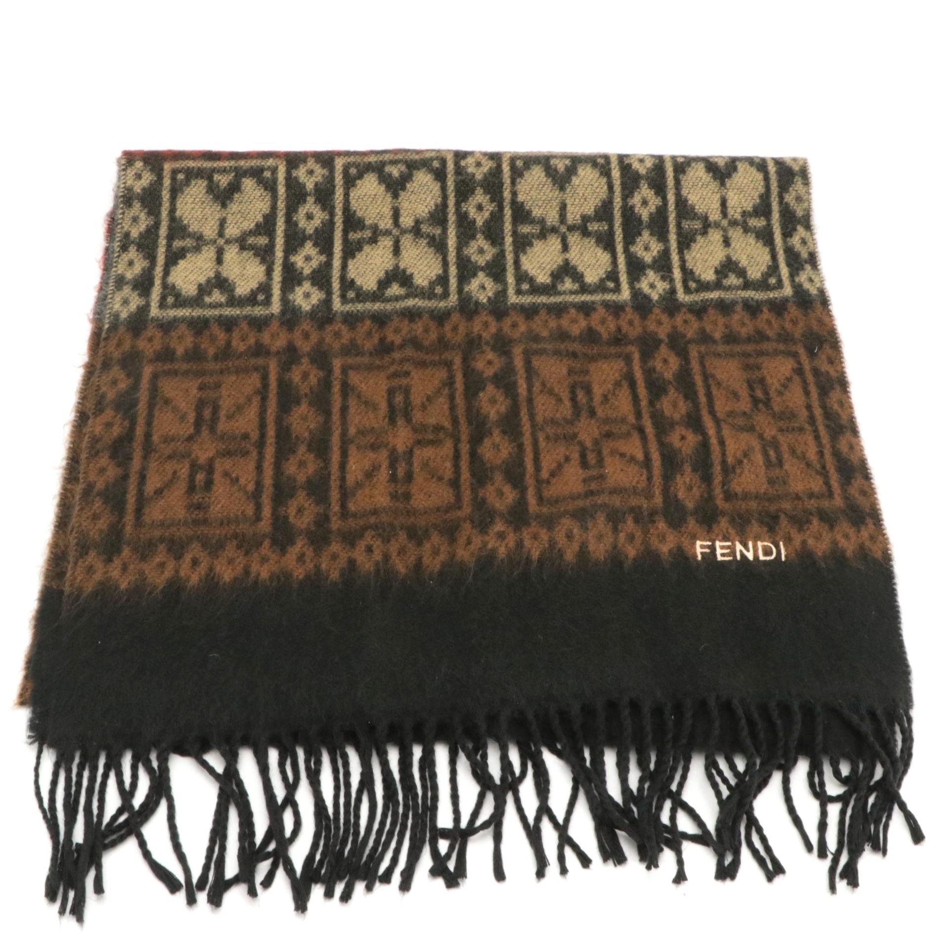 Fendi Vintage Printed Acrylic Fringe Hem Scarf