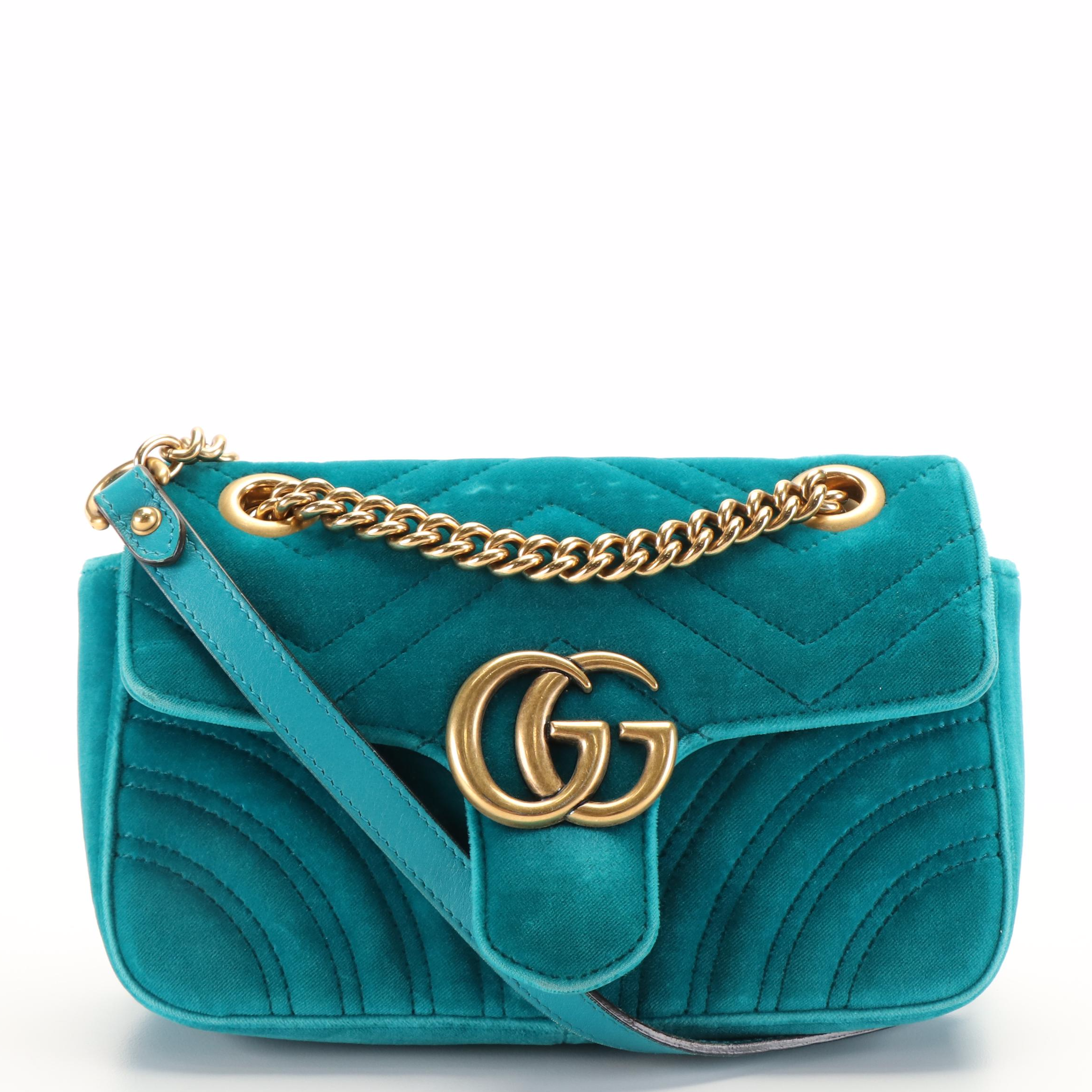 Gucci Marmont Shoulder Bag in Teal Matelassé Velvet