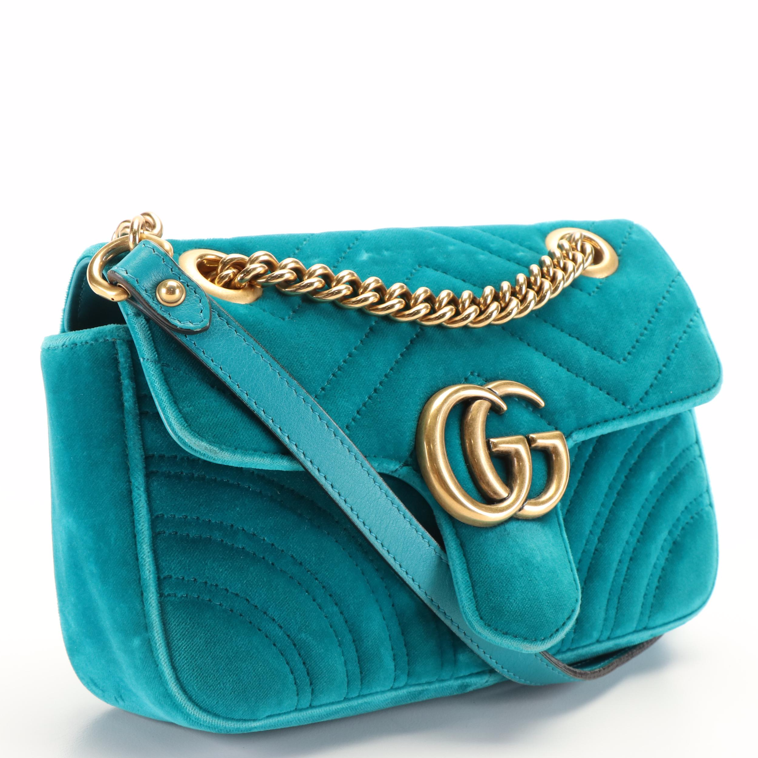 Gucci Marmont Shoulder Bag in Teal Matelassé Velvet