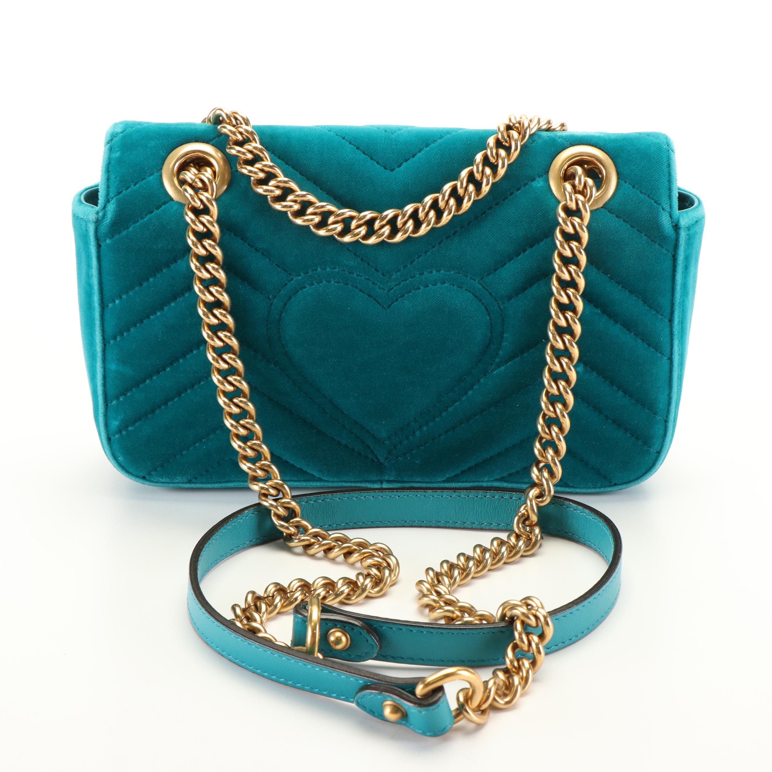 Gucci Marmont Shoulder Bag in Teal Matelassé Velvet