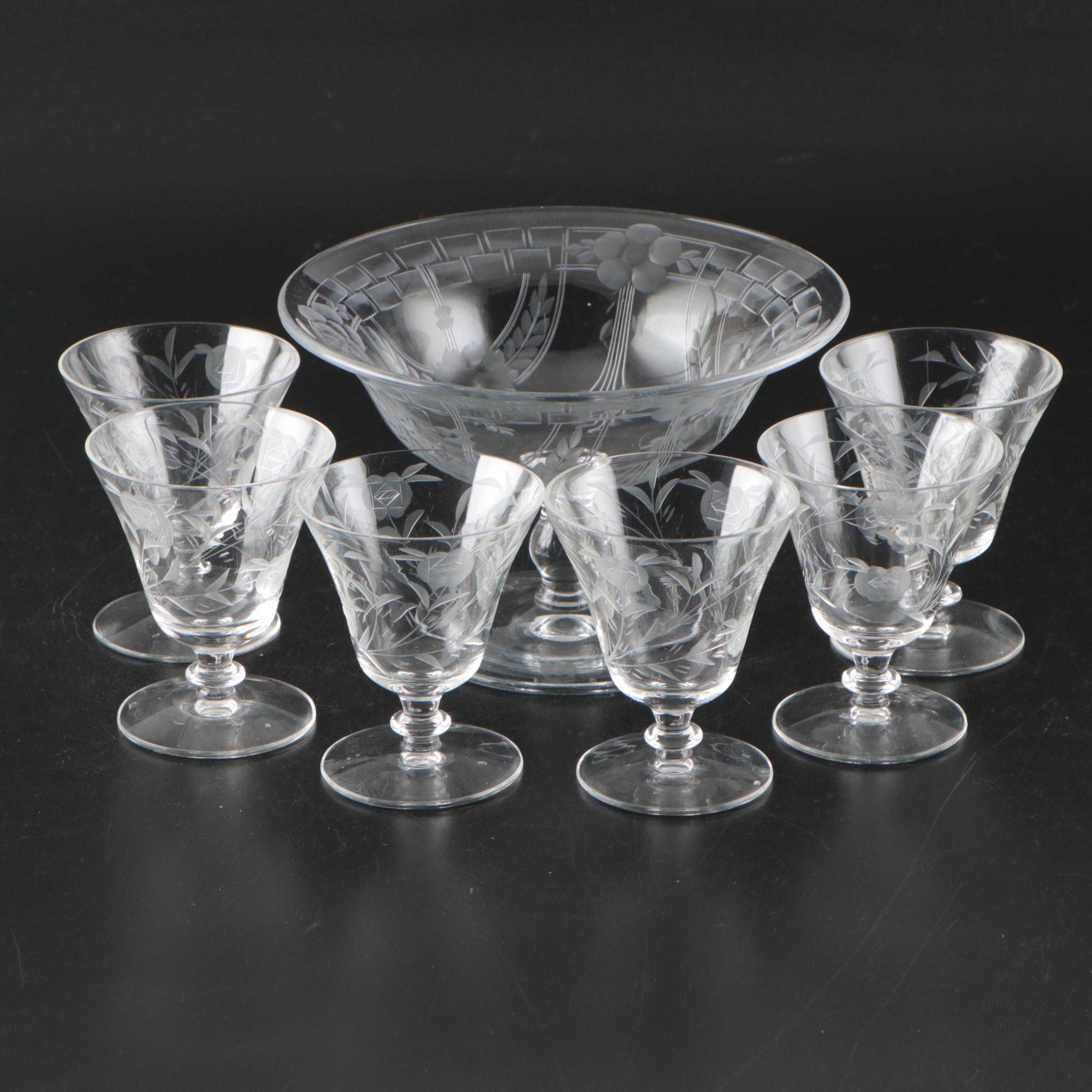 Heisey Etched Glass Footed Bowl with Other Cocktail Glasses, Early–Mid-20th C.