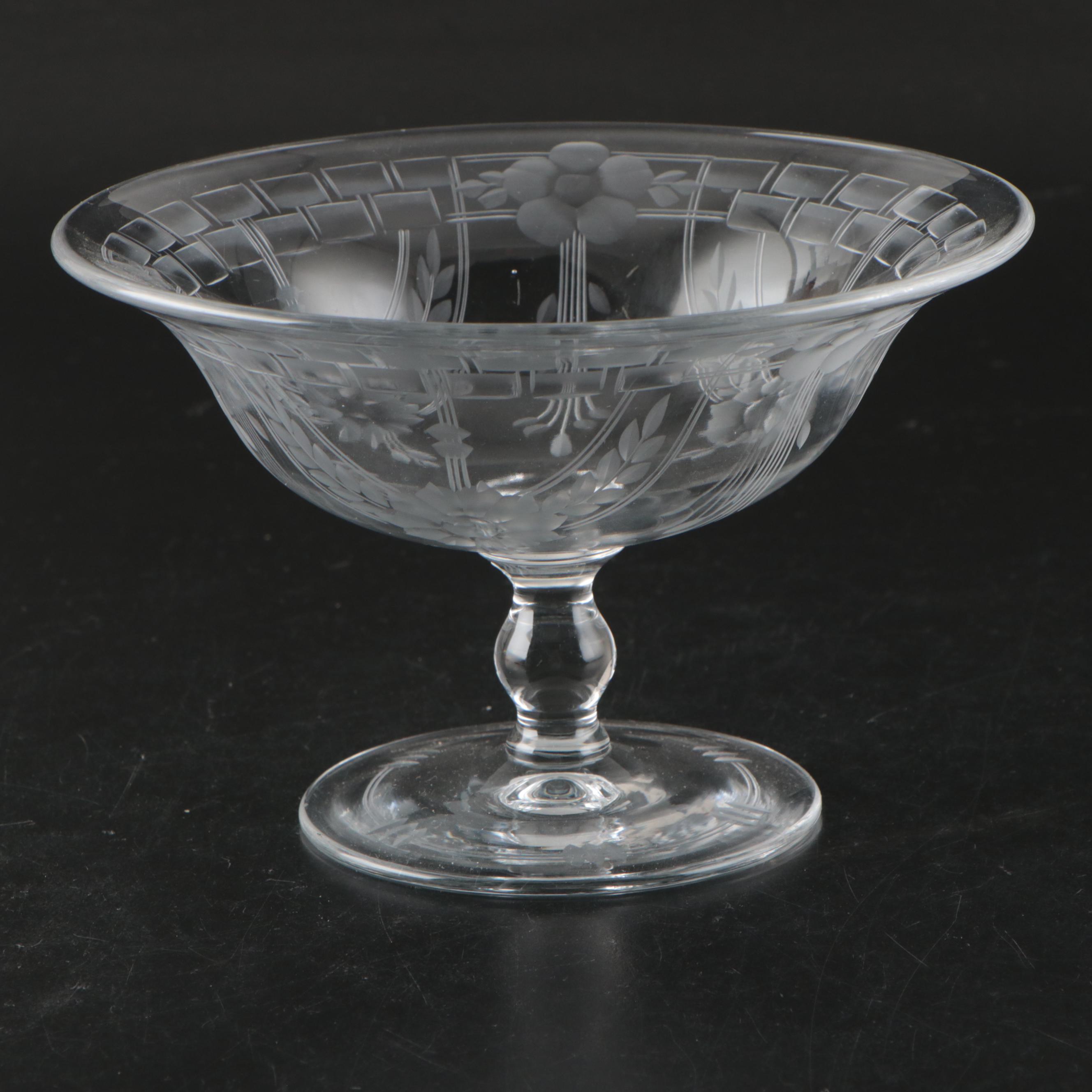 Heisey Etched Glass Footed Bowl with Other Cocktail Glasses, Early–Mid-20th C.