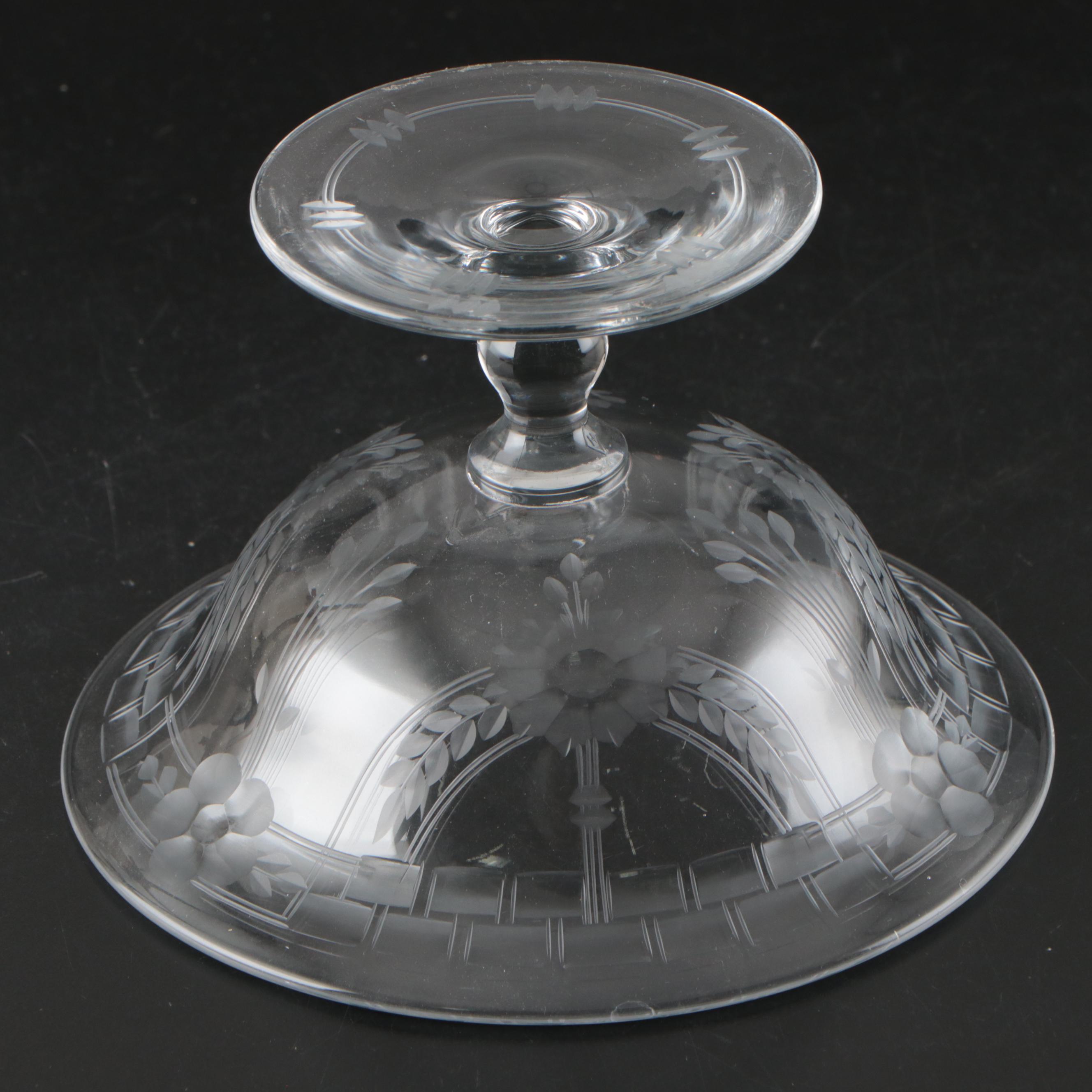 Heisey Etched Glass Footed Bowl with Other Cocktail Glasses, Early–Mid-20th C.