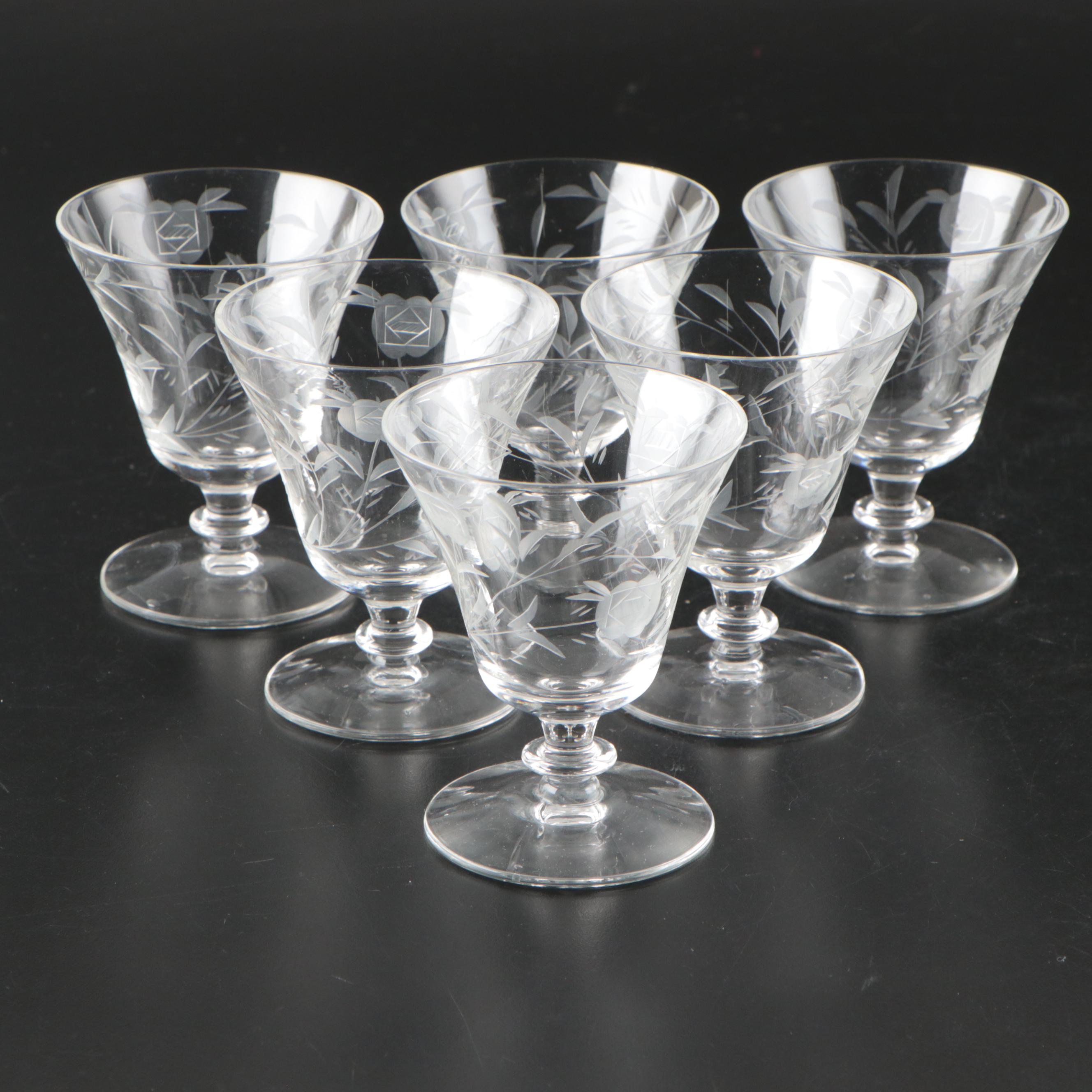 Heisey Etched Glass Footed Bowl with Other Cocktail Glasses, Early–Mid-20th C.