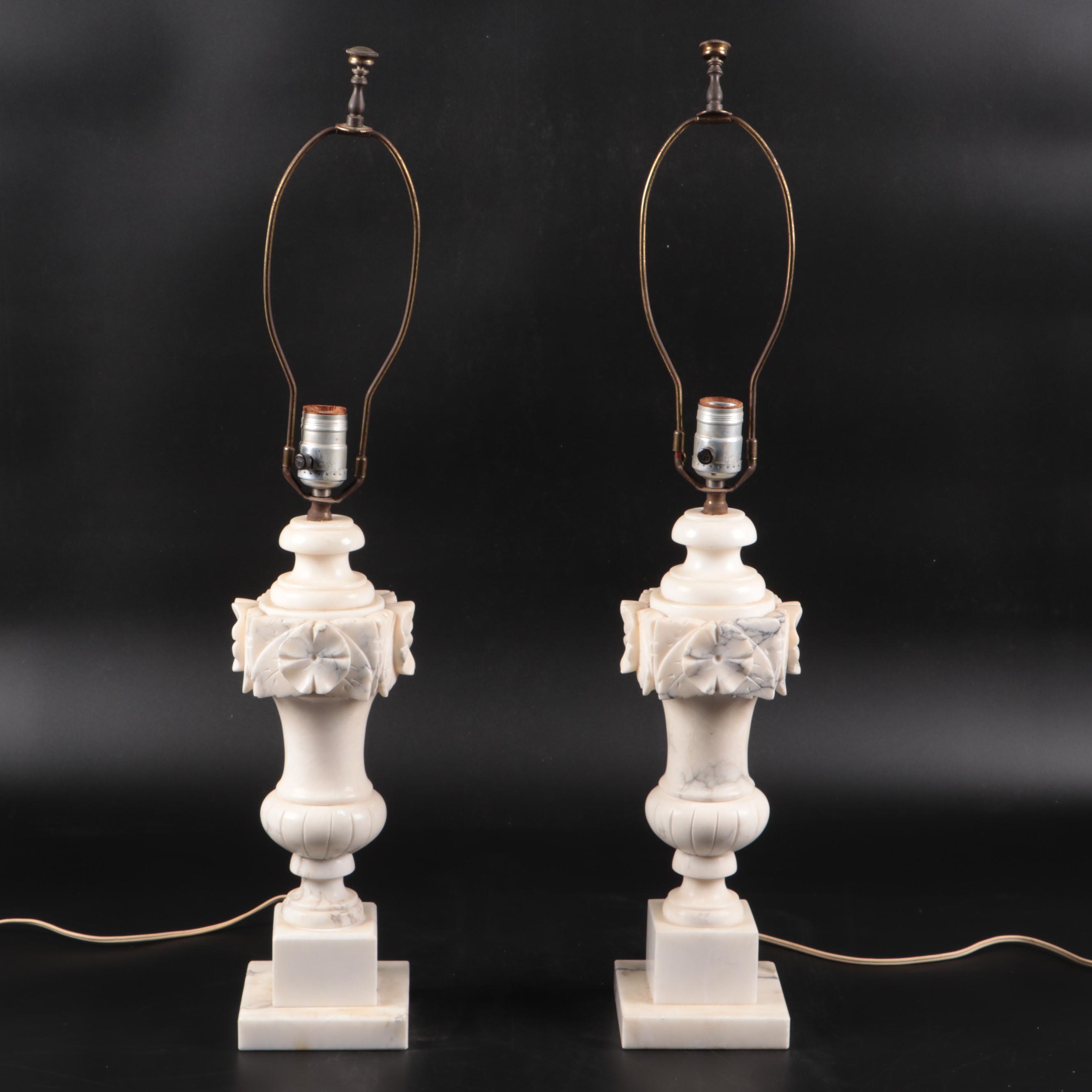 Carved Alabaster Table Lamp Pair