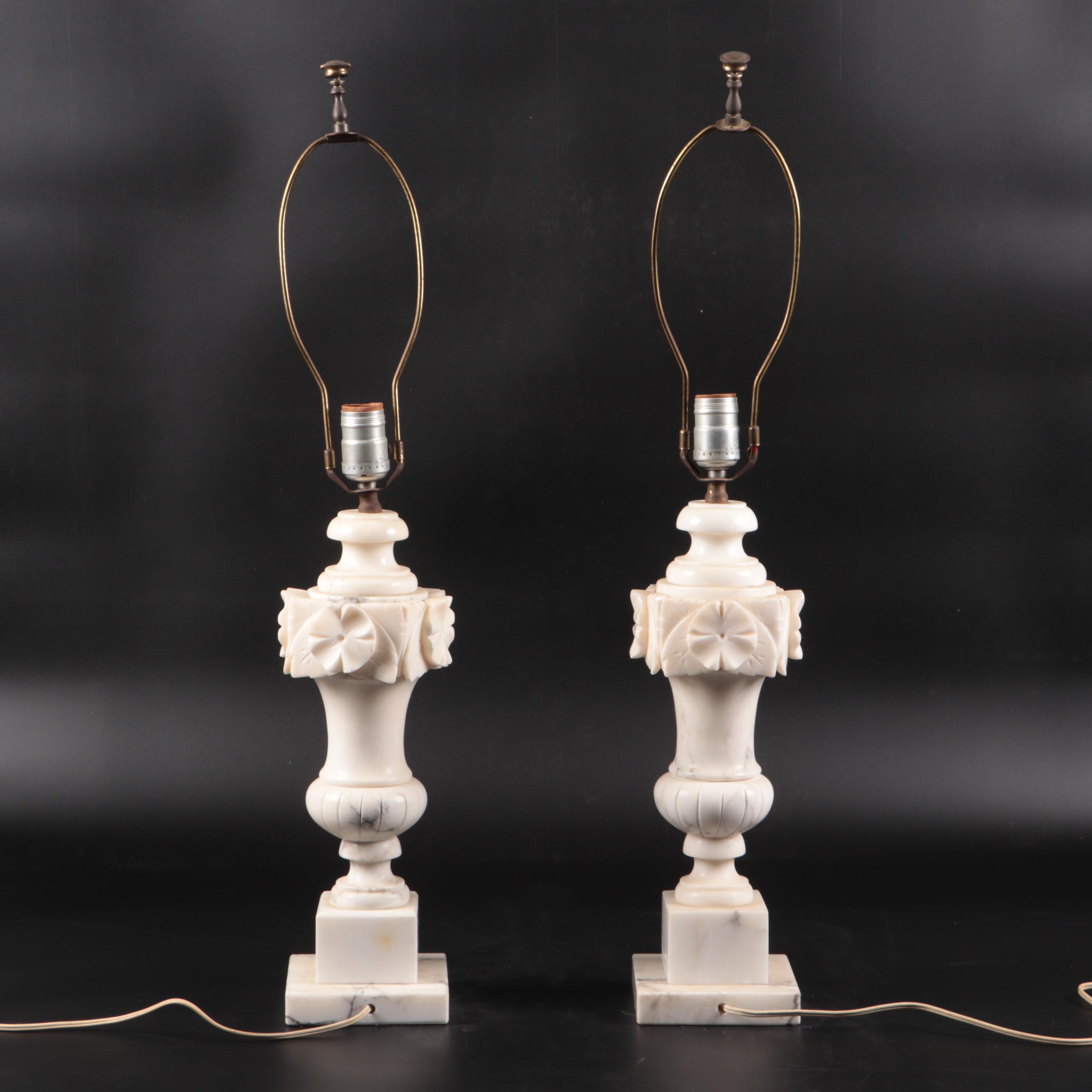 Carved Alabaster Table Lamp Pair