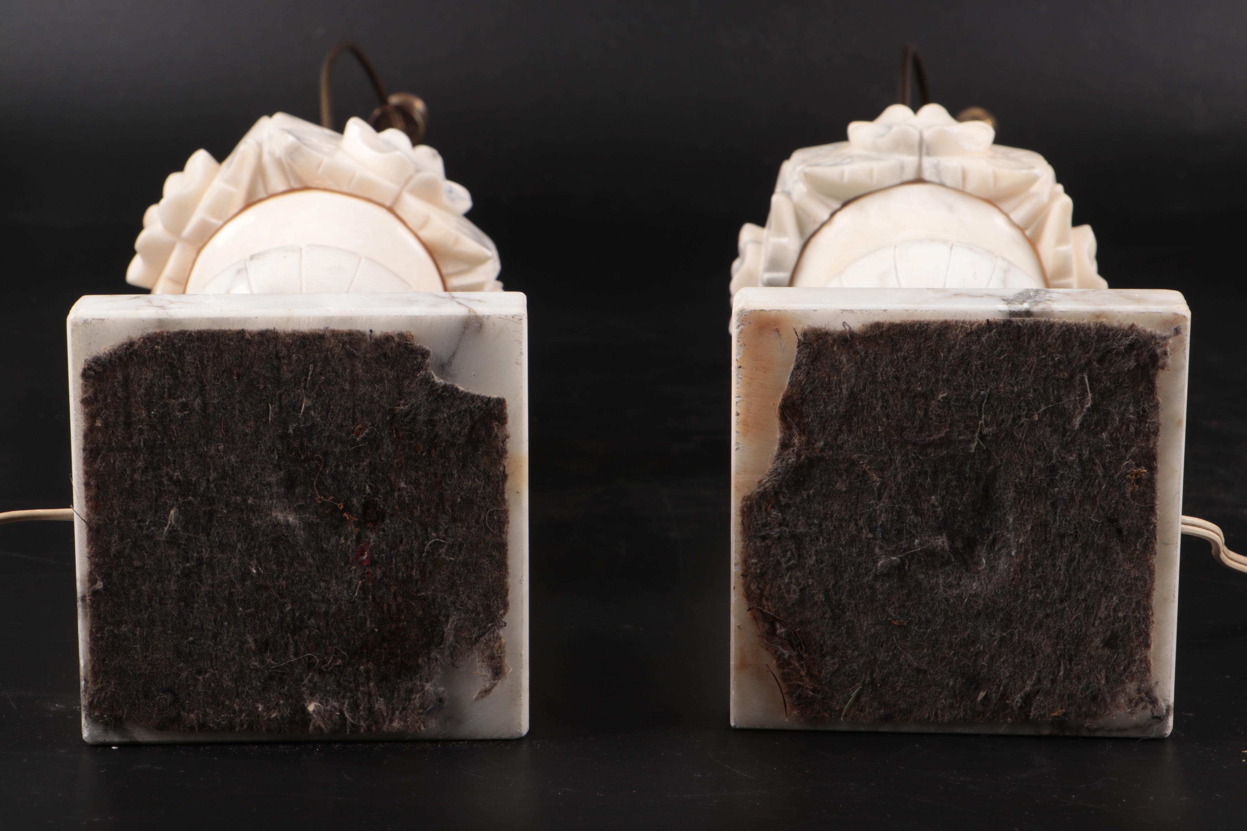 Carved Alabaster Table Lamp Pair