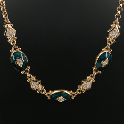 Burberrys Golden Gorgeous Rhinestone and Green Enamel Necklace