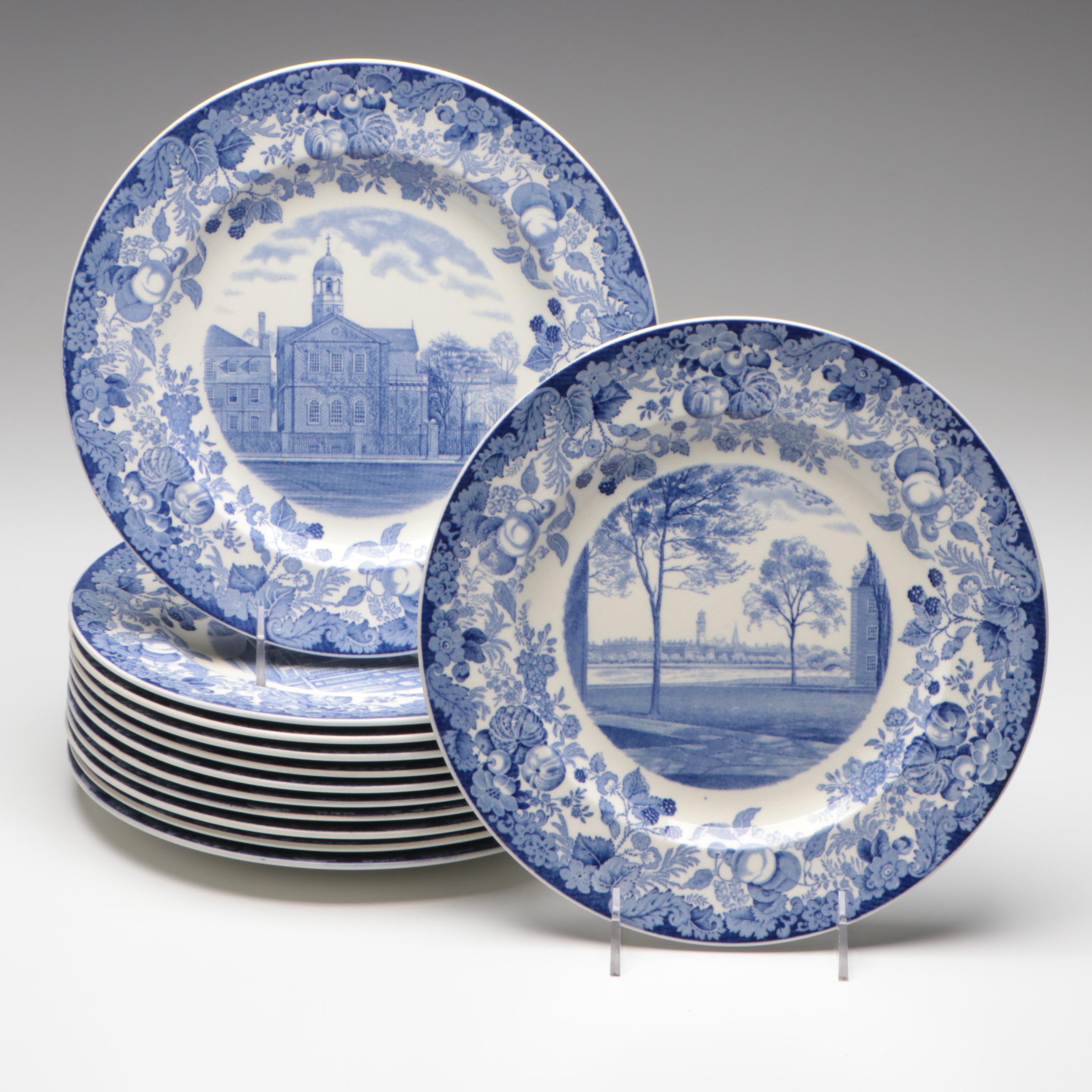 Set of 12 Wedgwood Harvard University Transferware Plates, Early 20th Century