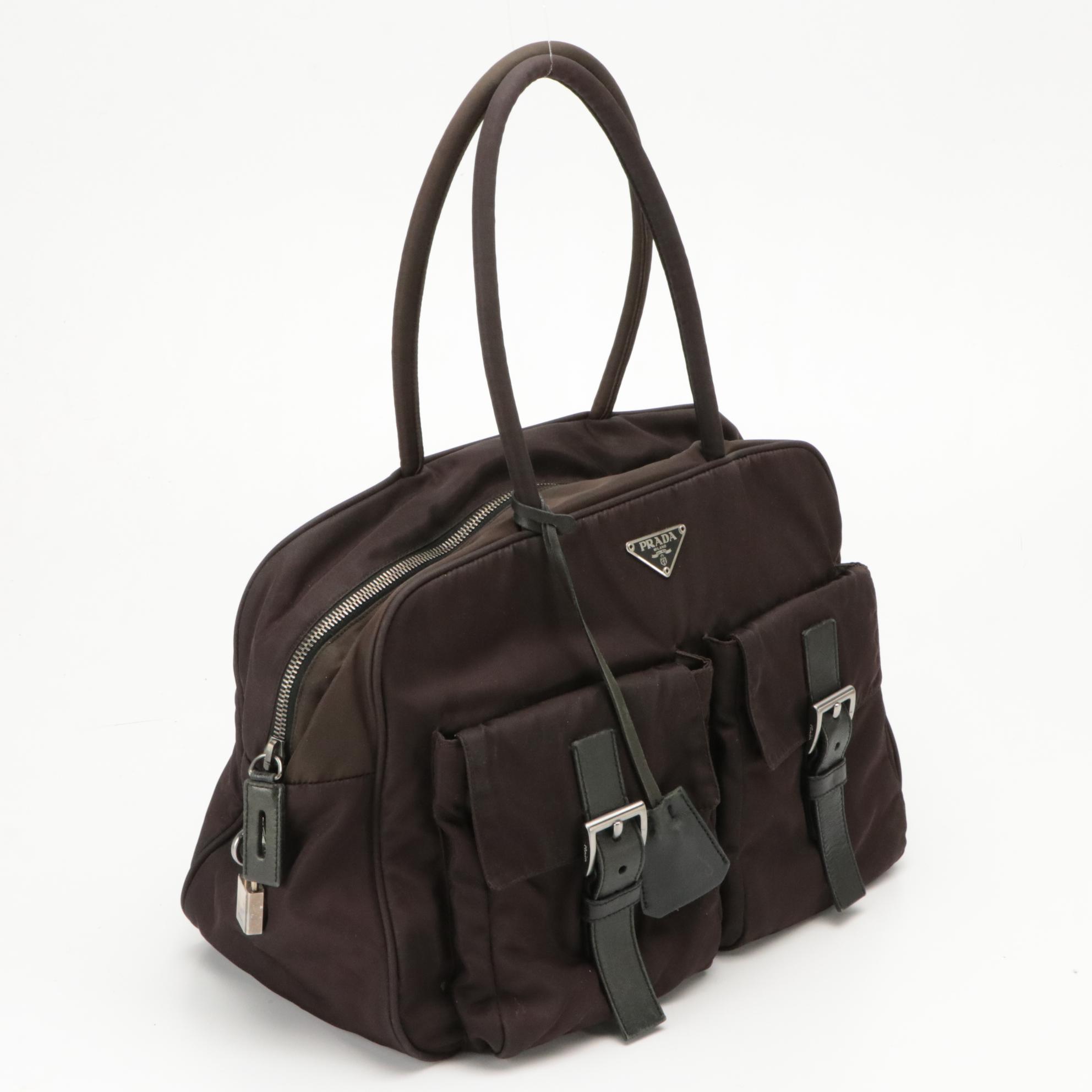 Prada Double Front Pocket Handbag in Deep Plum Tessuto Nylon and Black Leather